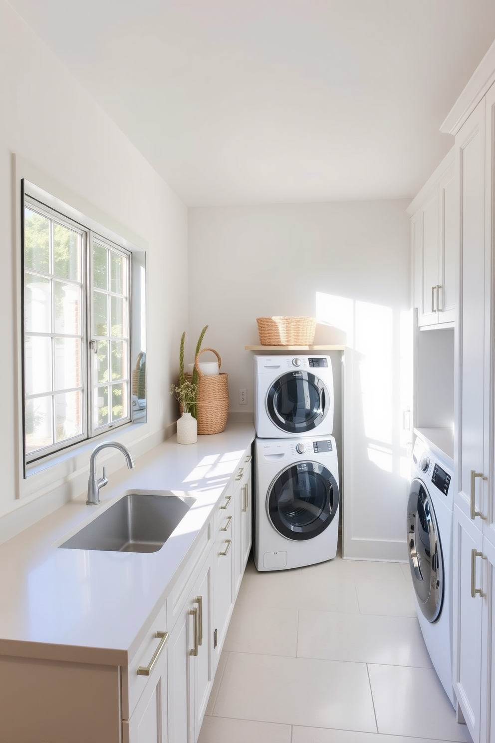 A bright and airy laundry room featuring a large window that allows natural light to flood the space. The walls are painted a soft white, and a sleek countertop runs along one side with a built-in sink for convenience. On the opposite wall, there are floor-to-ceiling cabinets for ample storage, with a stylish washer and dryer stacked in the corner. A large mirror above the countertop reflects the light and creates an illusion of a larger space, while decorative baskets add a touch of warmth and organization.