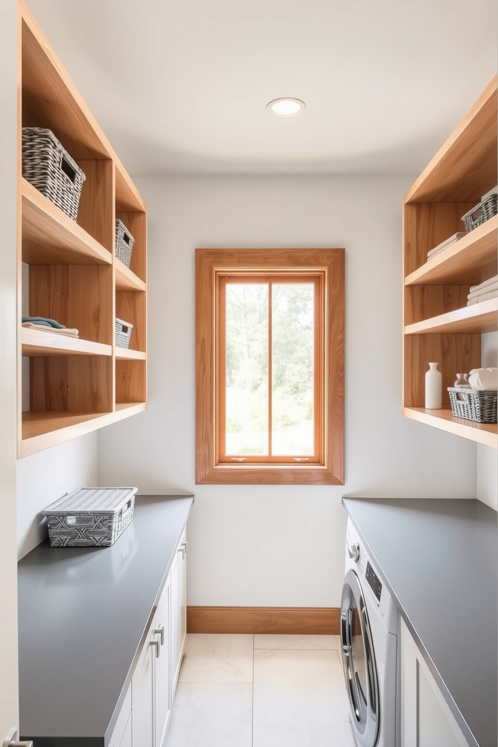 Open shelving lines the walls of a bright and airy laundry room, providing easy access to baskets and supplies. The shelves are made of light wood, creating a warm contrast against the white walls and sleek gray countertops. A spacious countertop extends beneath the window, perfect for folding clothes and organizing laundry essentials. Decorative storage bins are arranged neatly on the shelves, adding a touch of style while keeping the space tidy.