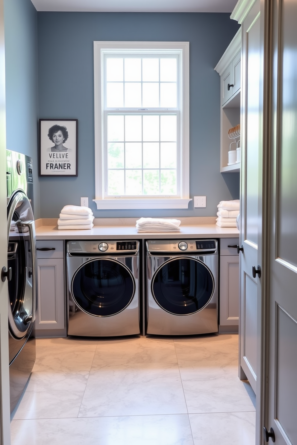 A stylish laundry room featuring a dedicated folding station with a smooth countertop. Baskets are neatly arranged underneath the countertop for easy organization of clean clothes and linens. The walls are painted in a soft blue hue, creating a calming atmosphere. A large window allows natural light to flood the space, highlighting the modern appliances and sleek cabinetry.