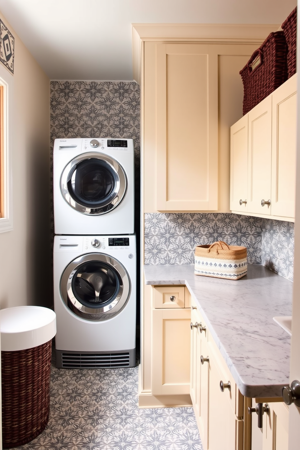 A stylish laundry room featuring patterned tiles that add visual interest to the space. The room includes a spacious countertop for folding clothes and a stackable washer and dryer neatly tucked away. Bright cabinetry complements the colorful tiles, providing ample storage for laundry essentials. A decorative basket sits on the countertop, adding a touch of warmth and organization to the design.