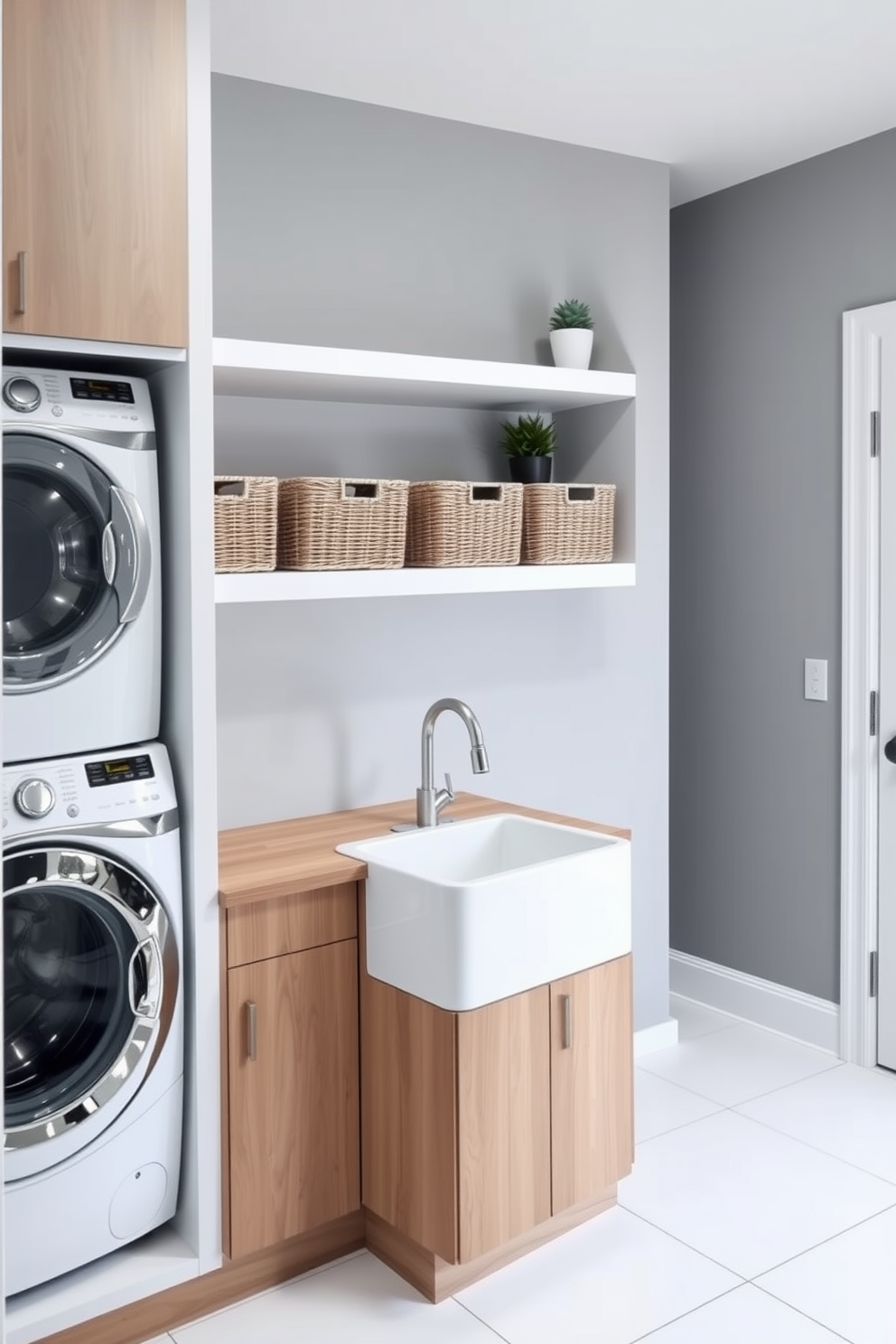 A functional laundry room featuring a sleek white sink integrated into a wooden countertop. The walls are painted in a soft gray, and the floor is adorned with large white tiles for easy cleaning. To the left, a stacked washer and dryer are neatly tucked into a built-in cabinet, maximizing space efficiency. Decorative baskets are placed on the shelves above for organized storage, while a small potted plant adds a touch of greenery.