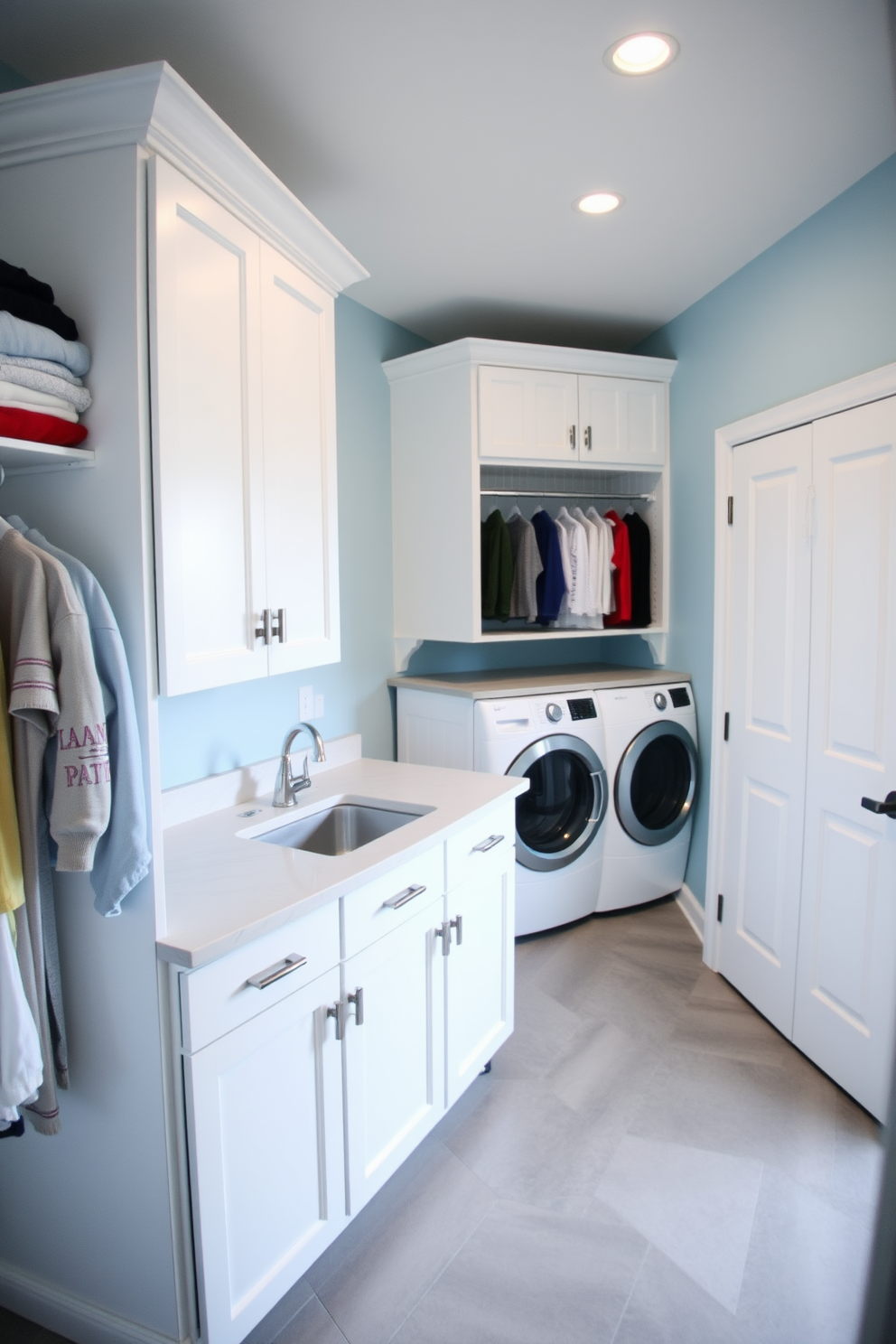 A functional laundry room with a spacious countertop dedicated to sorting clothes. The countertop is made of durable quartz, providing ample space for folding and organizing laundry. On one side of the room, there are built-in cabinets for storage, painted in a soft white hue. The walls are adorned with a cheerful light blue color, and the floor features a sleek gray tile for easy cleaning.