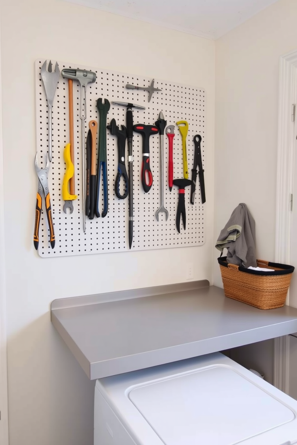 A functional laundry room features a wall-mounted pegboard system for organized tool storage. Below the pegboard, a sleek countertop provides ample space for folding clothes and sorting laundry.