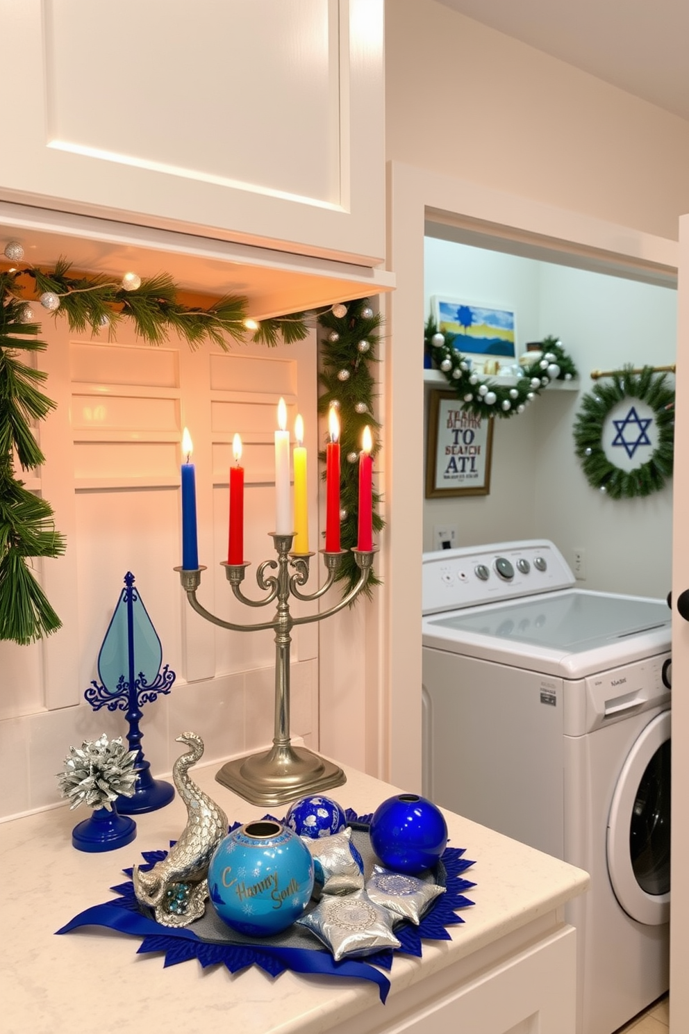 A festive menorah display is elegantly arranged on the countertop, featuring beautifully crafted candles in vibrant colors. Surrounding the menorah, a selection of Hanukkah-themed decorations adds a joyful touch, including blue and silver accents that enhance the festive atmosphere. The laundry room is transformed into a cheerful space with Hanukkah decorations that reflect the spirit of the holiday. Decorative elements such as garlands and themed artwork create a warm and inviting environment, making laundry chores feel more festive.