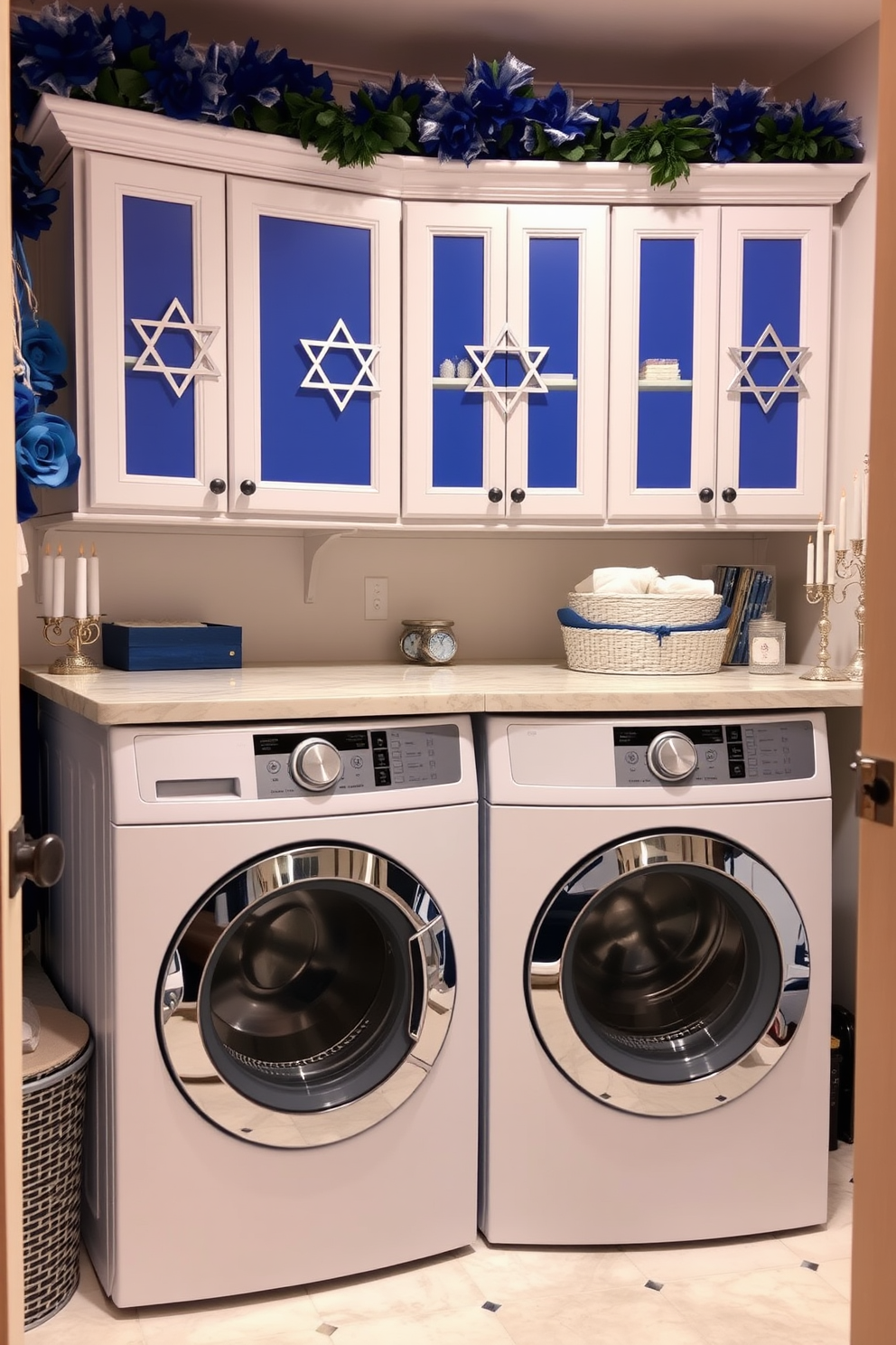 A laundry room featuring cabinets adorned with elegant Star of David accents. The space is decorated for Hanukkah with blue and silver accents, creating a festive atmosphere.