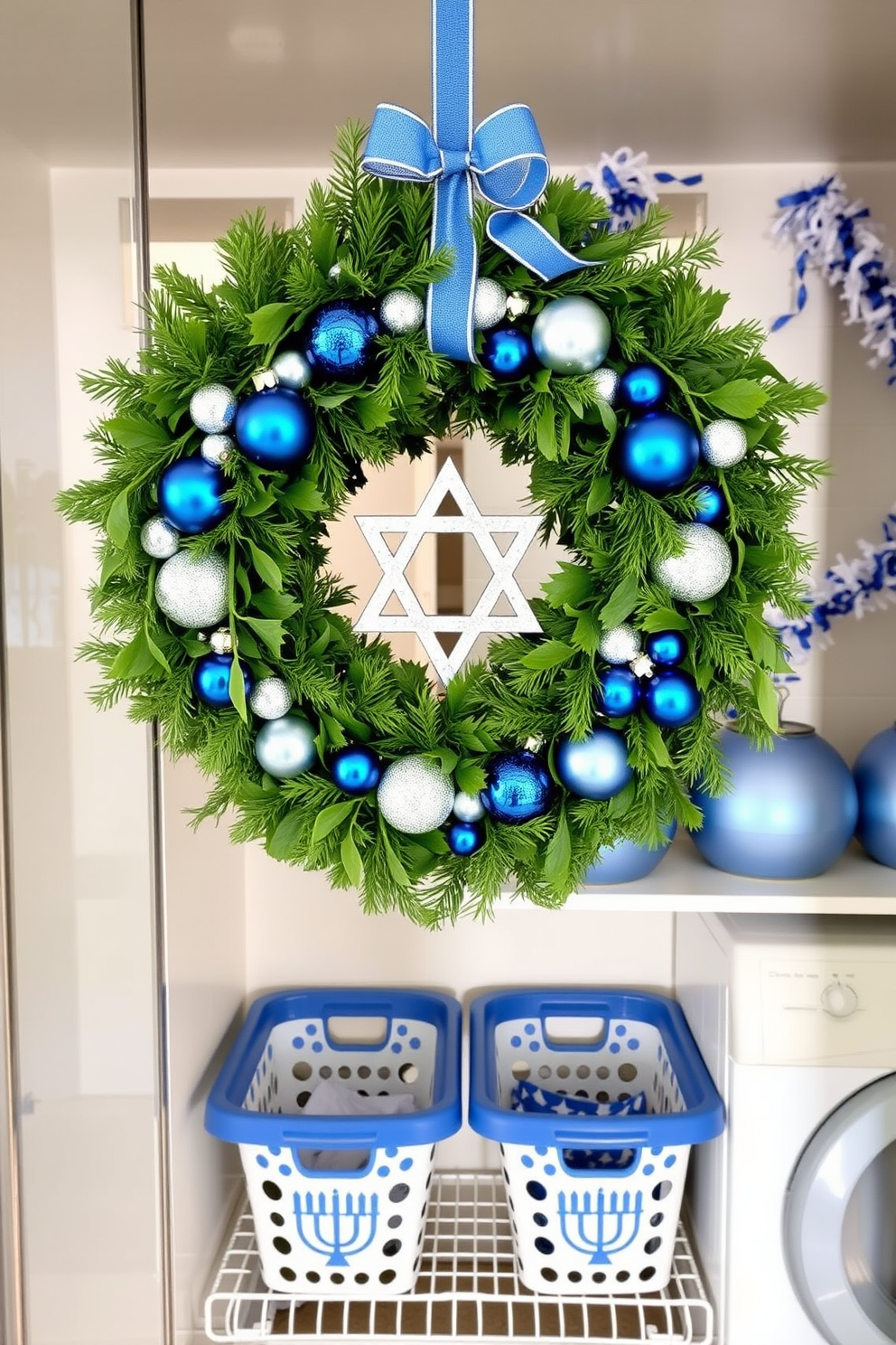 A beautiful DIY Hanukkah wreath adorns the front door, crafted from fresh greenery and accented with blue and silver ornaments. The wreath features a central Star of David, symbolizing the holiday spirit and welcoming guests with warmth. The laundry room is transformed with festive Hanukkah decorations, including blue and white garlands draped across shelves. A collection of menorah-themed laundry baskets adds a playful touch to the space while keeping it organized.