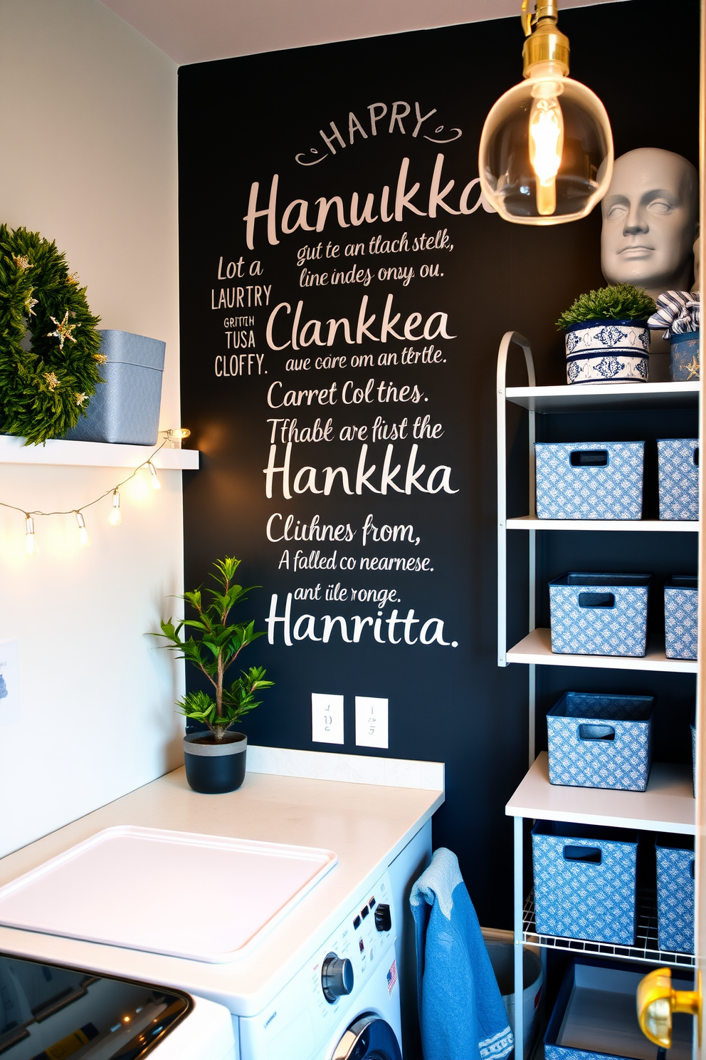 A cozy laundry room featuring a chalkboard wall adorned with inspirational Hanukkah quotes. The space is brightened by soft, warm lighting and decorated with festive blue and silver accents, creating a cheerful holiday atmosphere. The laundry room includes a functional countertop for folding clothes, complemented by neatly organized shelves filled with decorative storage bins. A small potted plant adds a touch of greenery, while a string of fairy lights enhances the festive feel.