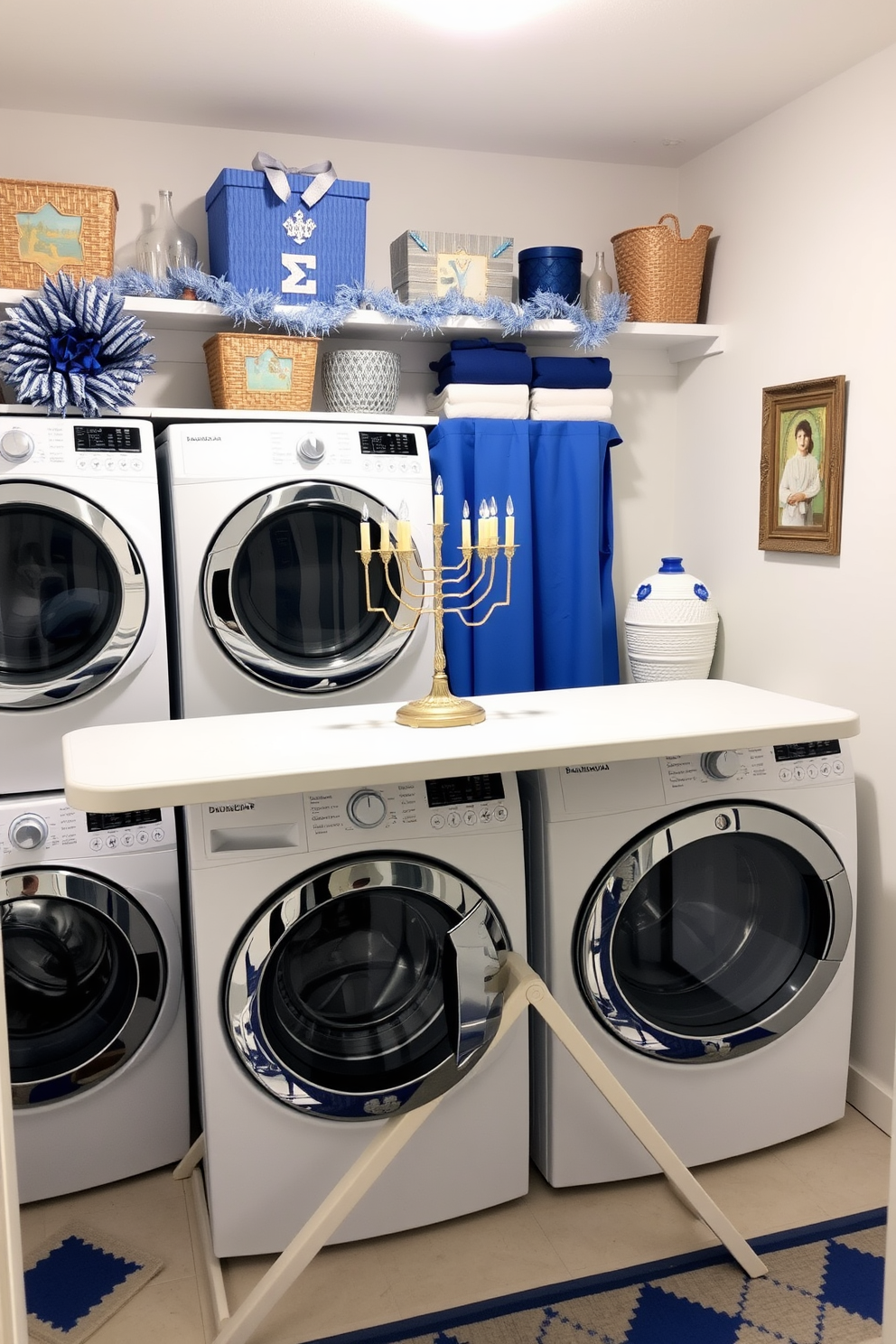 A beautifully arranged laundry room featuring a folding table as the centerpiece. The table is adorned with a decorative menorah, surrounded by festive Hanukkah decorations such as blue and silver accents.