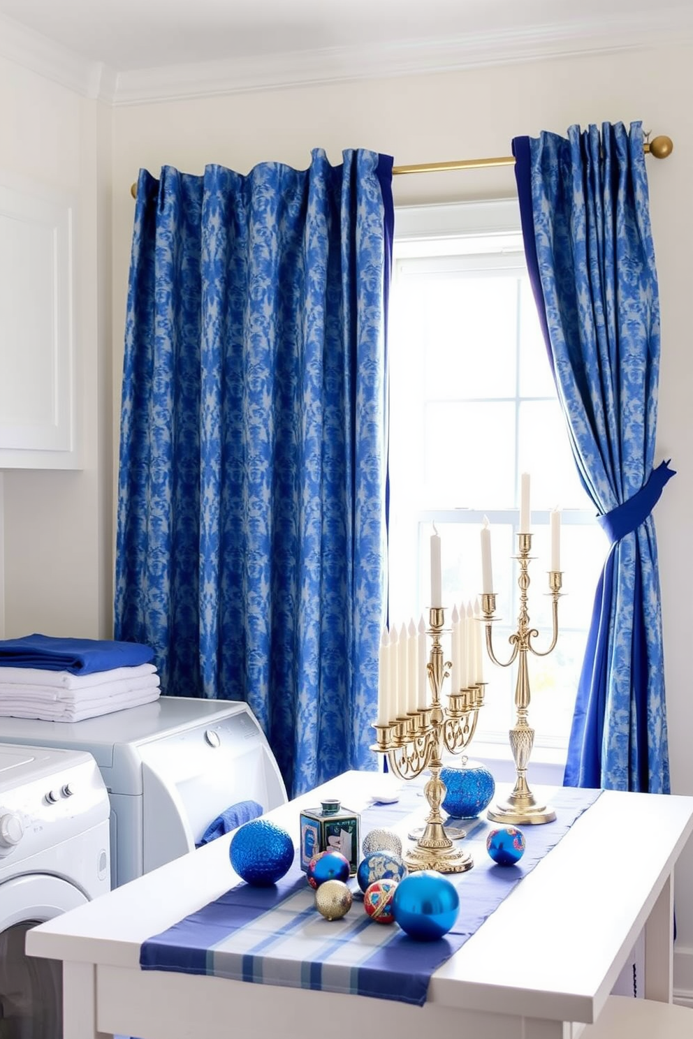 A bright and airy laundry room featuring blue and white curtains that frame a large window, allowing natural light to flood the space. The walls are painted in a soft white, complementing the cheerful fabric of the curtains while a spacious countertop is adorned with neatly folded linens. For Hanukkah decorating ideas, create a cozy atmosphere with a beautifully arranged table featuring a blue and silver color scheme. Adorn the table with elegant menorahs, vibrant dreidels, and festive ornaments to celebrate the holiday spirit.