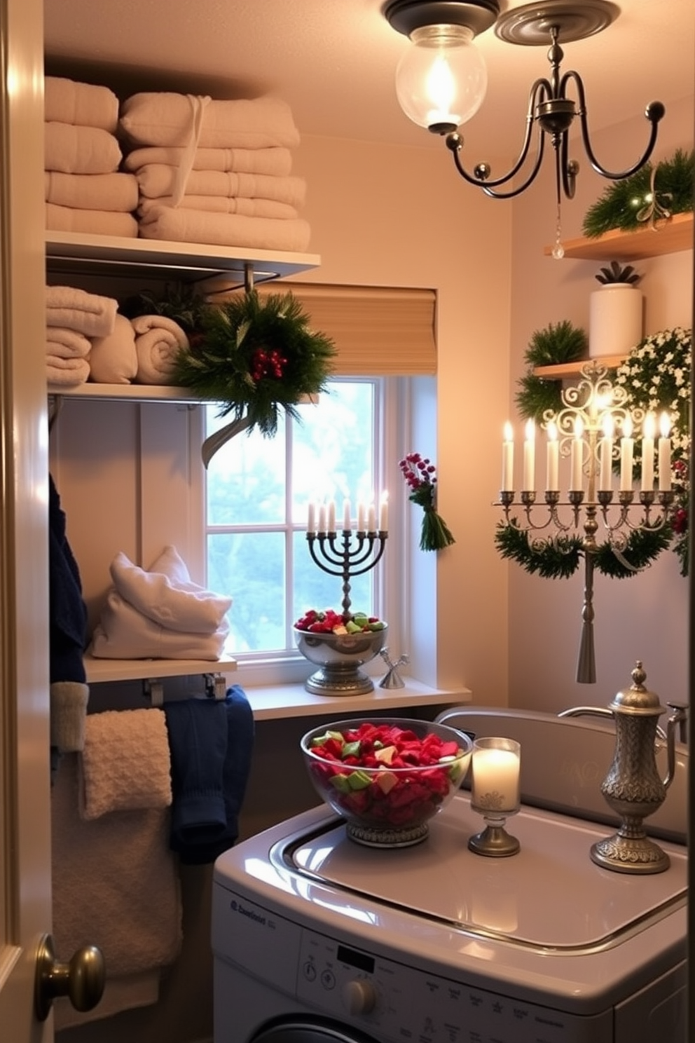 A cozy laundry room adorned with holiday potpourri that fills the air with seasonal scents. The space features shelves lined with neatly folded towels and a decorative bowl overflowing with colorful potpourri, creating a festive atmosphere. Hanukkah decorations add a touch of warmth and tradition to the laundry room. A beautiful menorah sits on a window sill, complemented by blue and silver accents throughout the space, enhancing the holiday spirit.