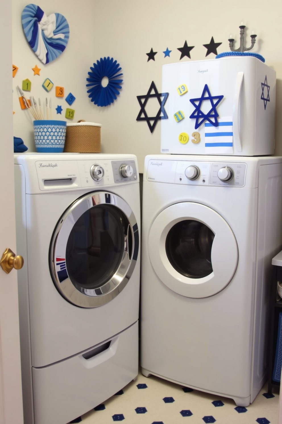 A cozy laundry room featuring a vintage-style washing machine and dryer side by side. The walls are adorned with festive Hanukkah decorations, including dreidel-shaped magnets on the fridge and cheerful blue and white accents throughout the space.