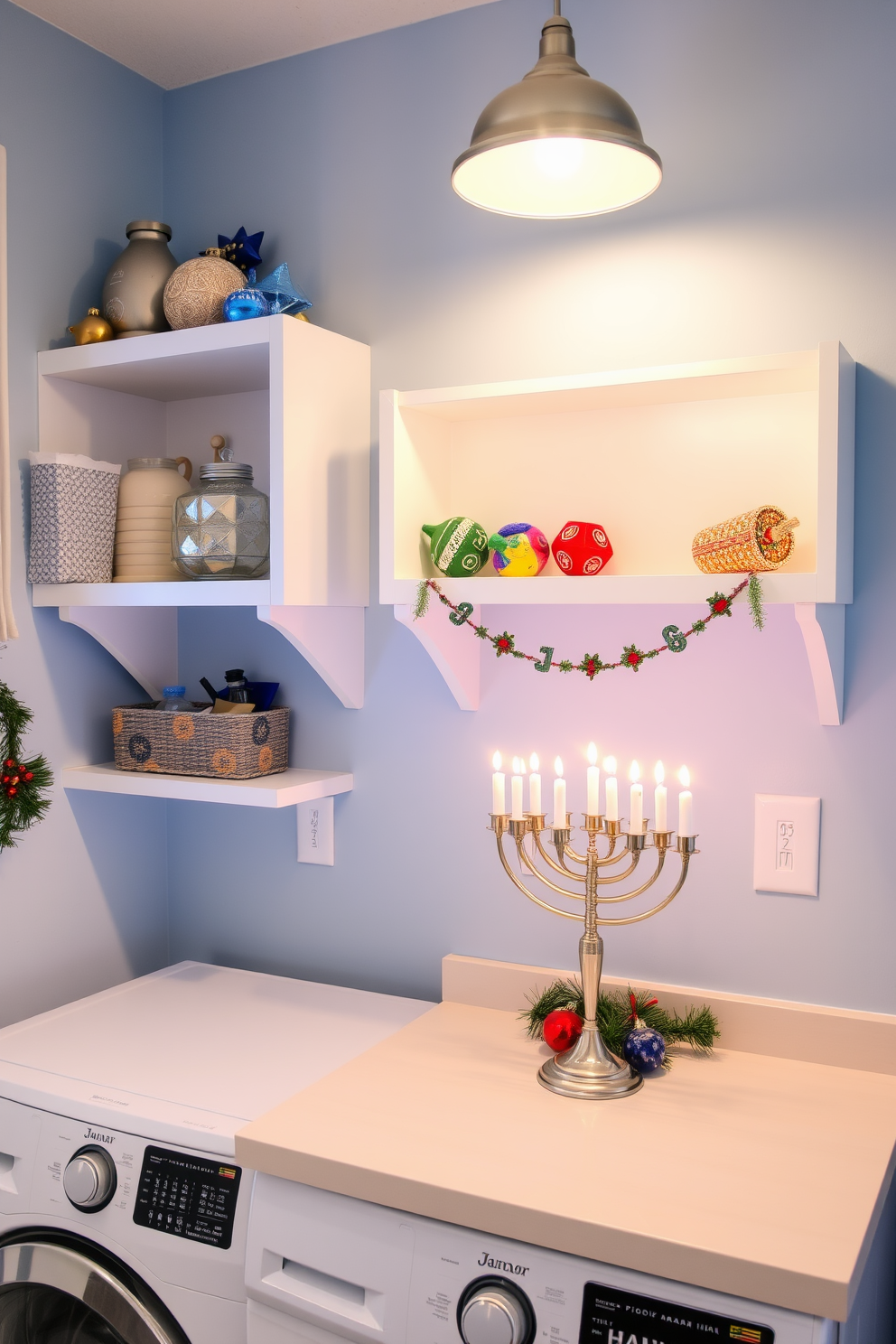 A cozy laundry room adorned for Hanukkah features a beautifully lit menorah on the countertop. The walls are painted a soft blue, and shelves are decorated with festive ornaments and colorful dreidels.