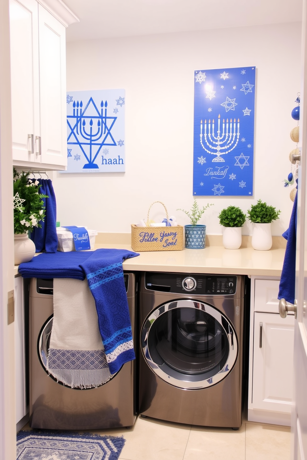 A bright and cheerful laundry room featuring Hanukkah-themed artwork on the wall. The artwork includes blue and silver motifs, such as menorahs and dreidels, adding a festive touch to the space. The laundry area is equipped with modern appliances and ample storage solutions. Decorative elements like a blue and white color scheme and festive textiles enhance the holiday spirit.