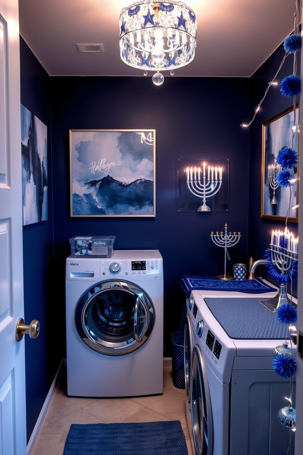 A serene laundry room featuring blue and silver themed wall art. The walls are adorned with abstract pieces that incorporate shades of blue and silver, creating a calming atmosphere. For Hanukkah decorating ideas, the room is accented with festive decorations in blue and silver. String lights and menorah motifs add a touch of celebration while maintaining a stylish aesthetic.