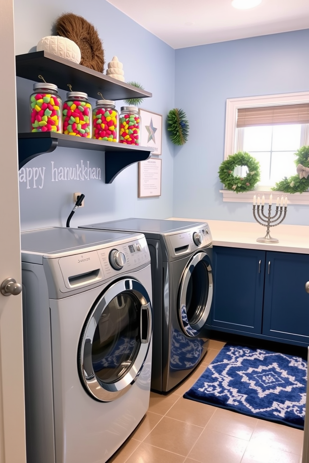 A bright and cheerful laundry room adorned for Hanukkah. Decorative jars filled with colorful gelt are displayed on a shelf, adding a festive touch to the space. The walls are painted in a soft blue hue, creating a calming atmosphere. A cozy area rug in shades of blue and white complements the decor, while a menorah sits on the countertop, enhancing the holiday spirit.