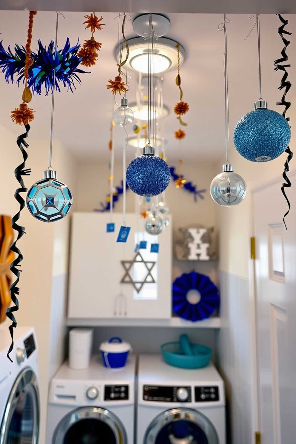 Hanging ornaments from the ceiling create a festive and cheerful atmosphere in the laundry room. The space is adorned with colorful decorations that reflect the spirit of Hanukkah, enhancing the overall aesthetic. The laundry room features a bright and organized layout with functional storage solutions. Decorative elements include blue and silver ornaments that dangle gracefully, adding a touch of elegance to this practical space.