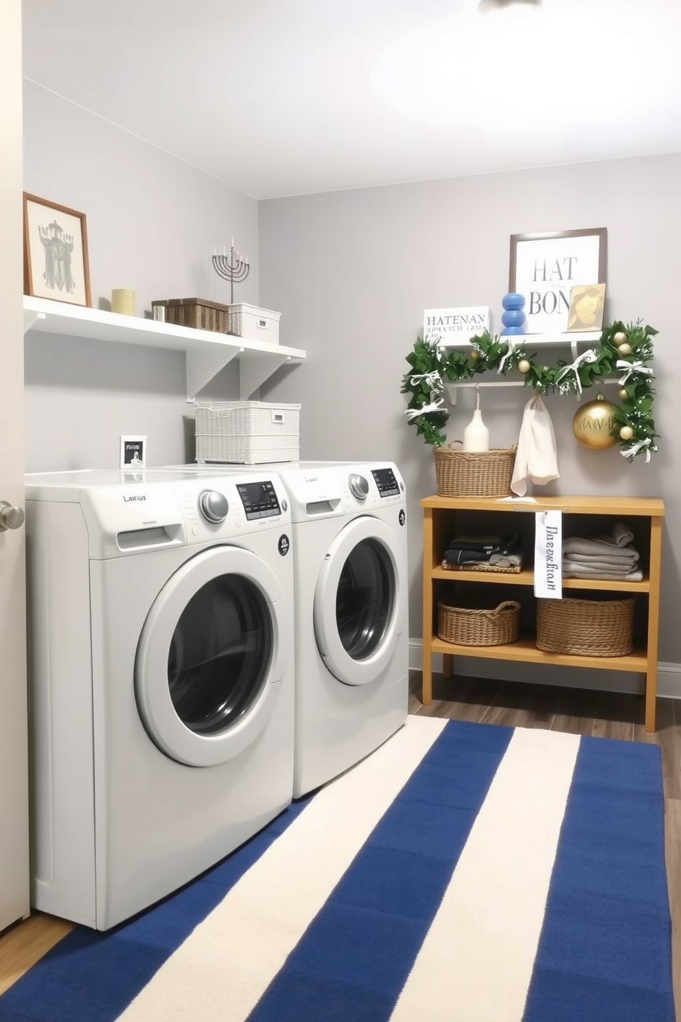 A laundry room featuring a blue and white striped area rug that adds a pop of color to the space. The walls are painted in a soft gray, and decorative elements for Hanukkah are tastefully arranged on the shelves, including menorahs and festive garlands.