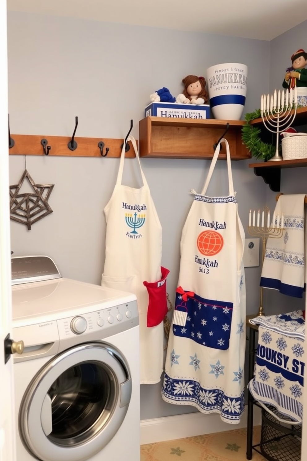 A cozy laundry room designed for Hanukkah festivities. The space features personalized aprons hanging on hooks, adorned with festive motifs and colors that celebrate the holiday spirit. The walls are decorated with subtle blue and white accents, reminiscent of traditional Hanukkah themes. A cheerful display of menorah-themed decor and holiday textiles adds warmth and charm to the room.