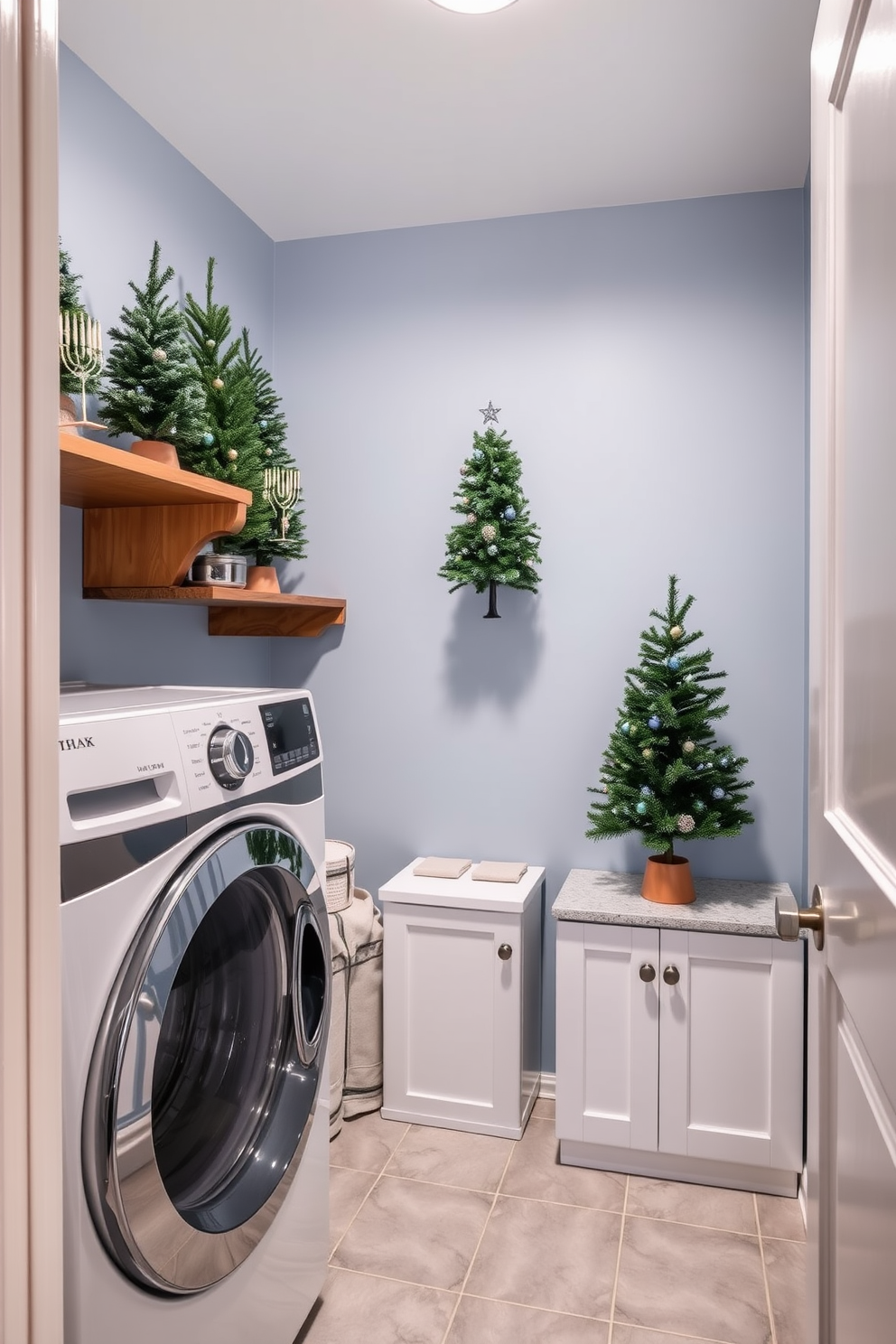 A cozy laundry room adorned with miniature Hanukkah trees placed on wooden shelves. The walls are painted a soft blue, and the floor features light gray tiles, creating a serene atmosphere for holiday decorating.