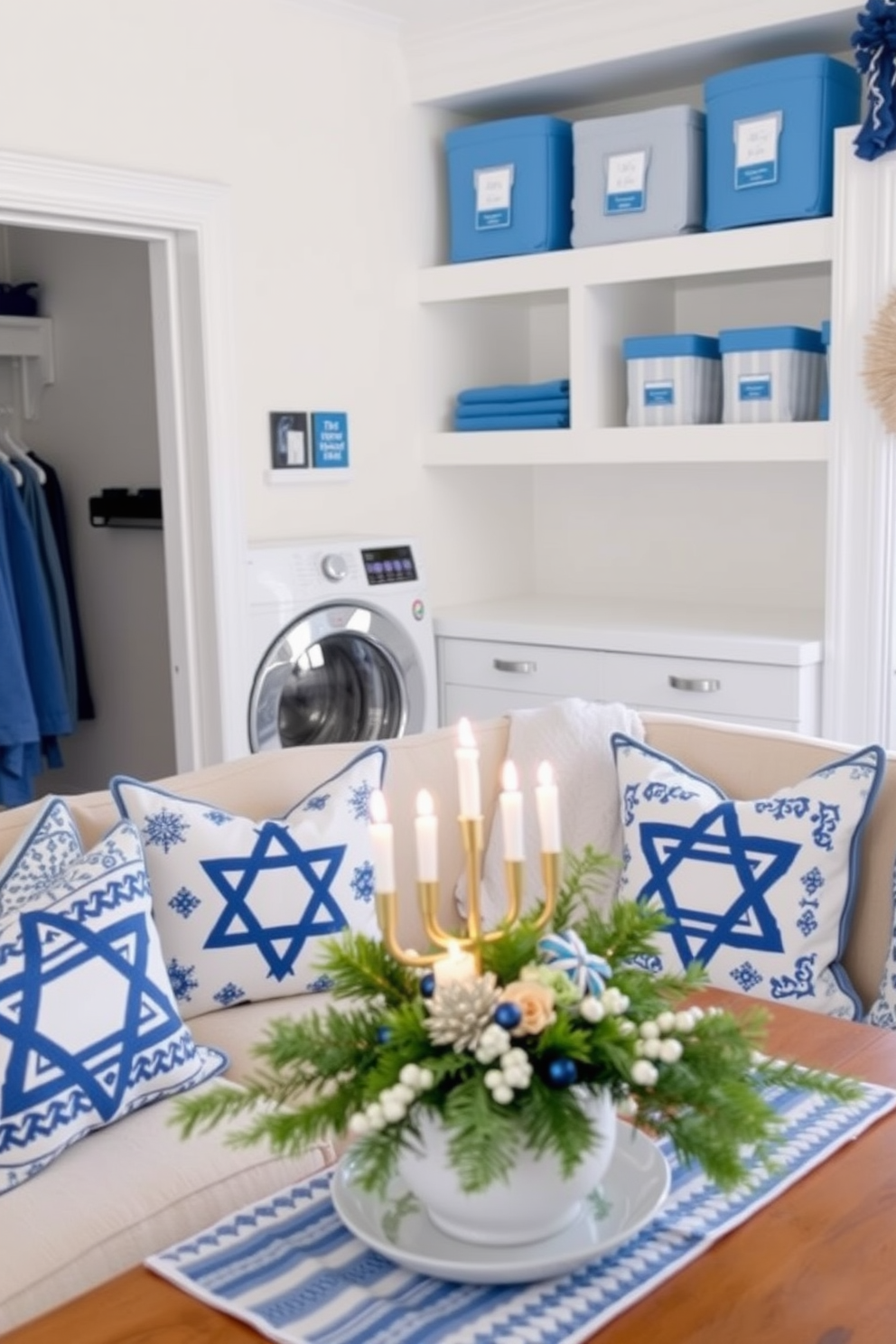 A cozy seating area adorned with Hanukkah-themed pillows featuring traditional blue and white patterns. The pillows are arranged on a plush sofa, creating a festive and inviting atmosphere. A bright and functional laundry room decorated for Hanukkah with subtle touches of blue and silver accents. Shelves display neatly folded towels and holiday-themed storage bins, enhancing the cheerful ambiance. Creative Hanukkah decorating ideas include a beautifully arranged table centerpiece with menorah and seasonal greenery. Soft lighting highlights the decorations, creating a warm and welcoming space for gatherings.