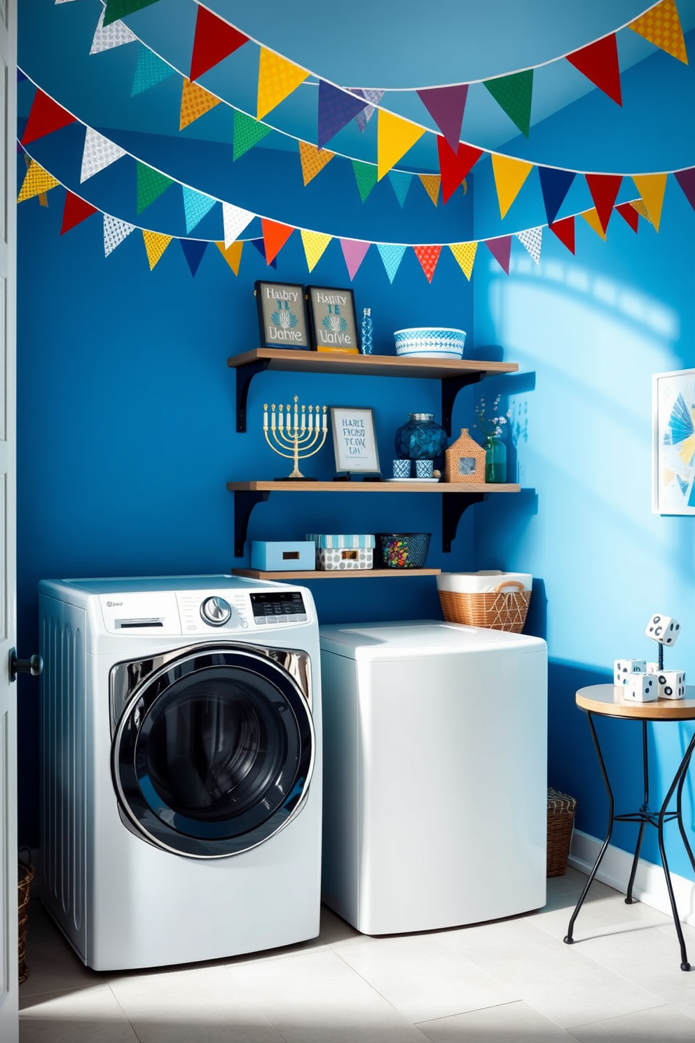 A vibrant laundry room adorned with colorful bunting flags hanging from the ceiling. The walls are painted a cheerful shade of blue, and a stylish washer and dryer are positioned side by side with decorative storage baskets nearby. Festive Hanukkah decorations are tastefully arranged on the shelves, including a menorah and blue and silver accents. A cozy corner features a small table with a bowl of dreidels, adding a playful touch to the space.