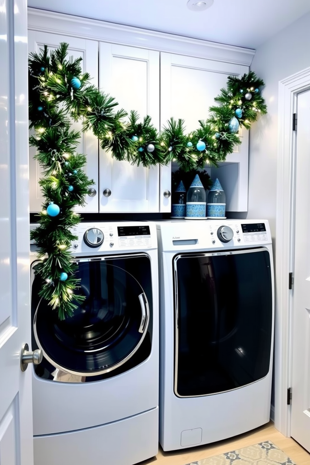 A cozy laundry room adorned with sparkling garland draped elegantly over the cabinets. The space features a modern washer and dryer, complemented by a festive touch of blue and silver decorations for Hanukkah.