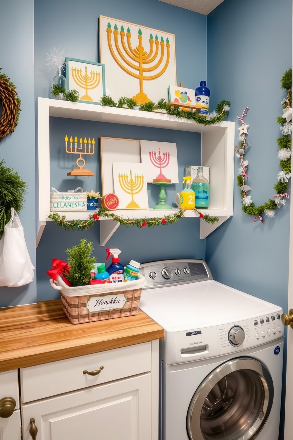 A cozy laundry room filled with DIY Hanukkah crafts displayed on open shelves. The shelves are adorned with handmade menorahs, colorful dreidels, and festive garlands, creating a cheerful atmosphere. The walls are painted in a soft blue hue, complementing the white cabinetry. A rustic wooden countertop holds a basket filled with holiday-themed laundry supplies and a small potted plant for a touch of greenery.