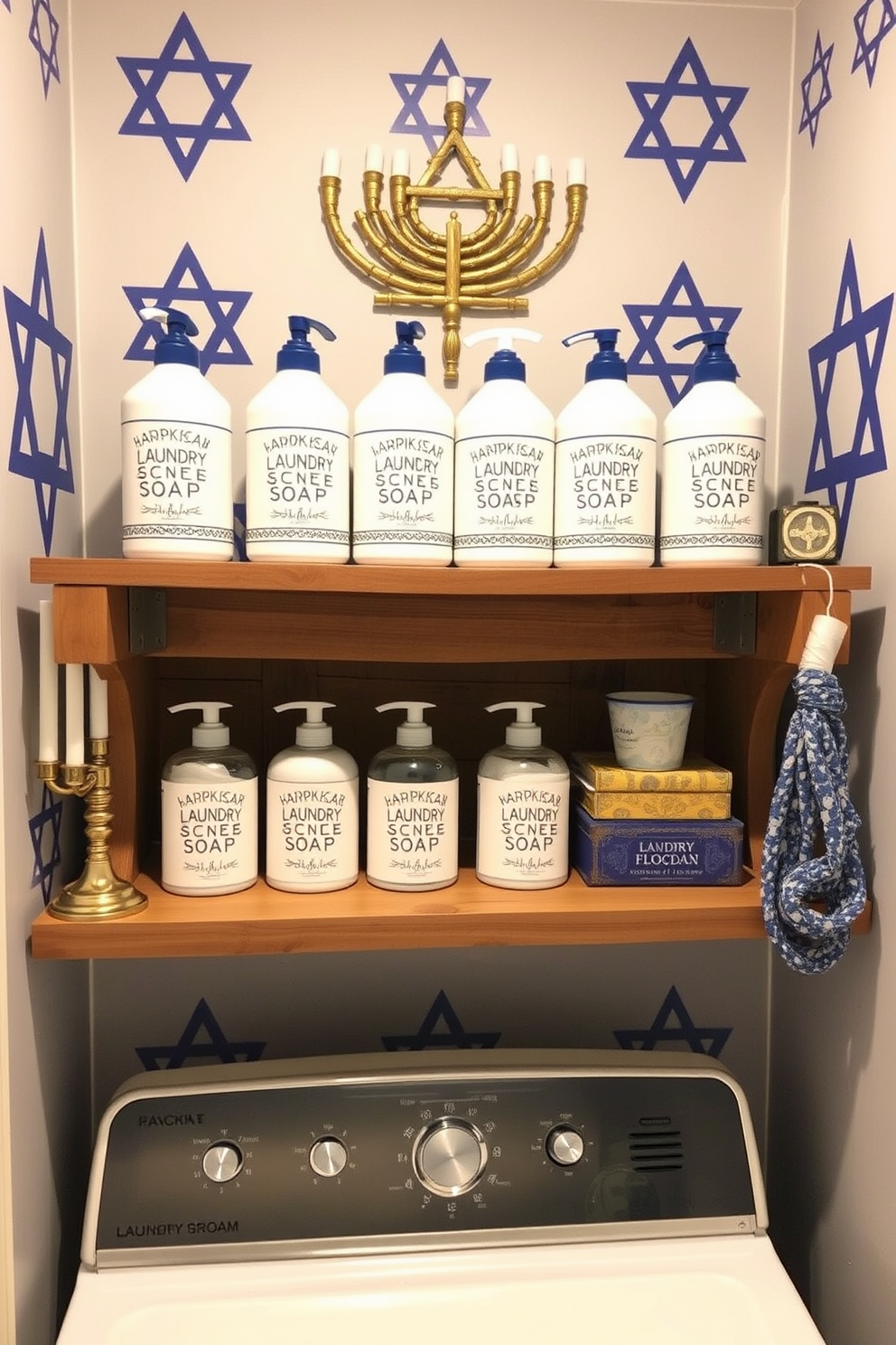 Create a cozy laundry room decorated for Hanukkah. The space features seasonal laundry soap in festive containers arranged neatly on a rustic wooden shelf. Incorporate blue and white color schemes with Star of David motifs on the walls. Add decorative elements like menorahs and dreidels to enhance the festive atmosphere.