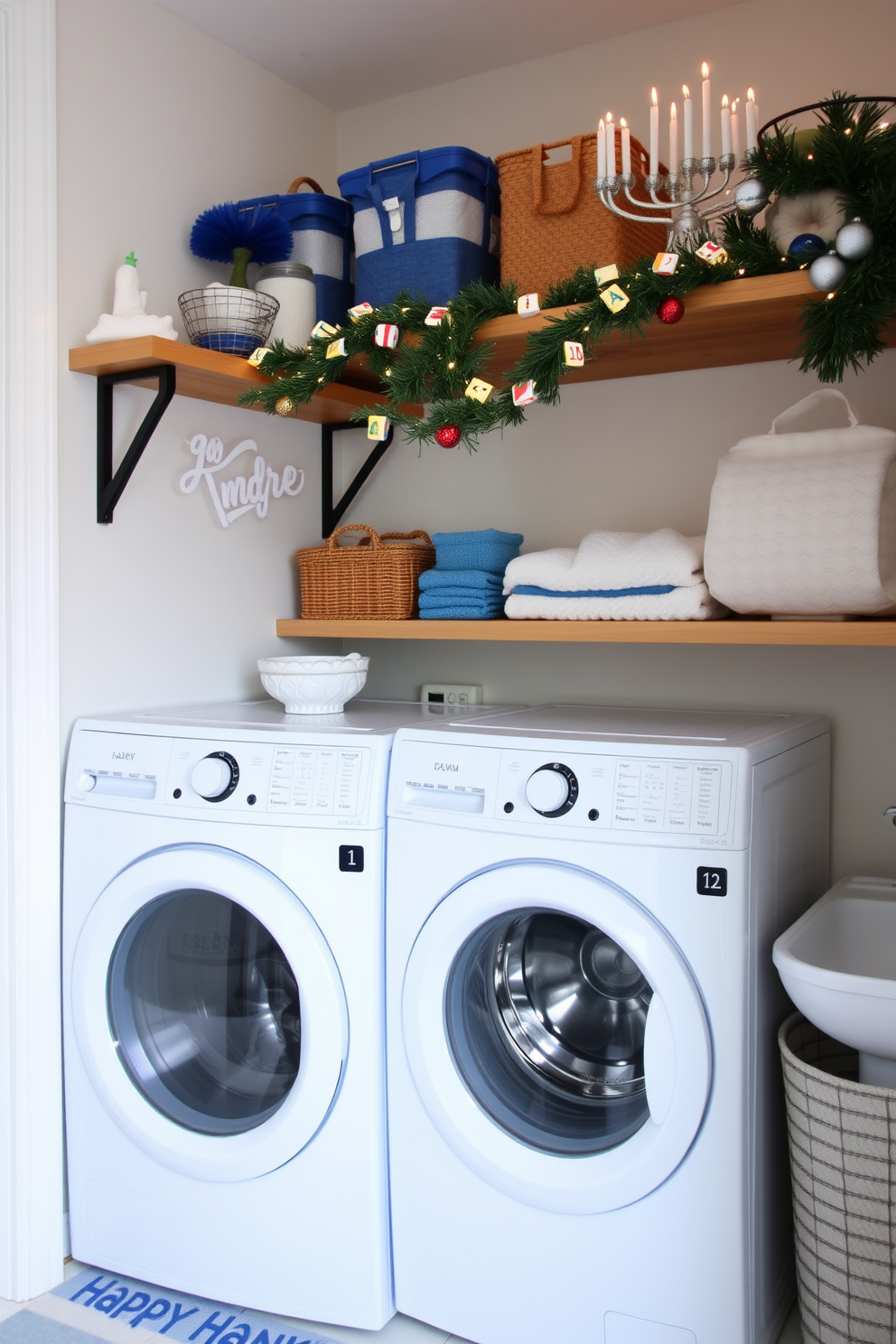 A cozy laundry room adorned with festive Hanukkah decorations. Dreidel garland elegantly hangs from the shelves, adding a playful touch to the space.