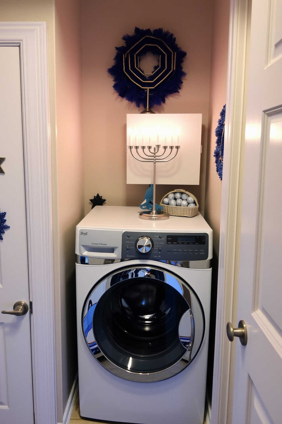 A cozy laundry room featuring a wall-mounted menorah for easy access during the Hanukkah celebrations. The space is adorned with festive decorations, including blue and silver accents, creating a warm and inviting atmosphere.