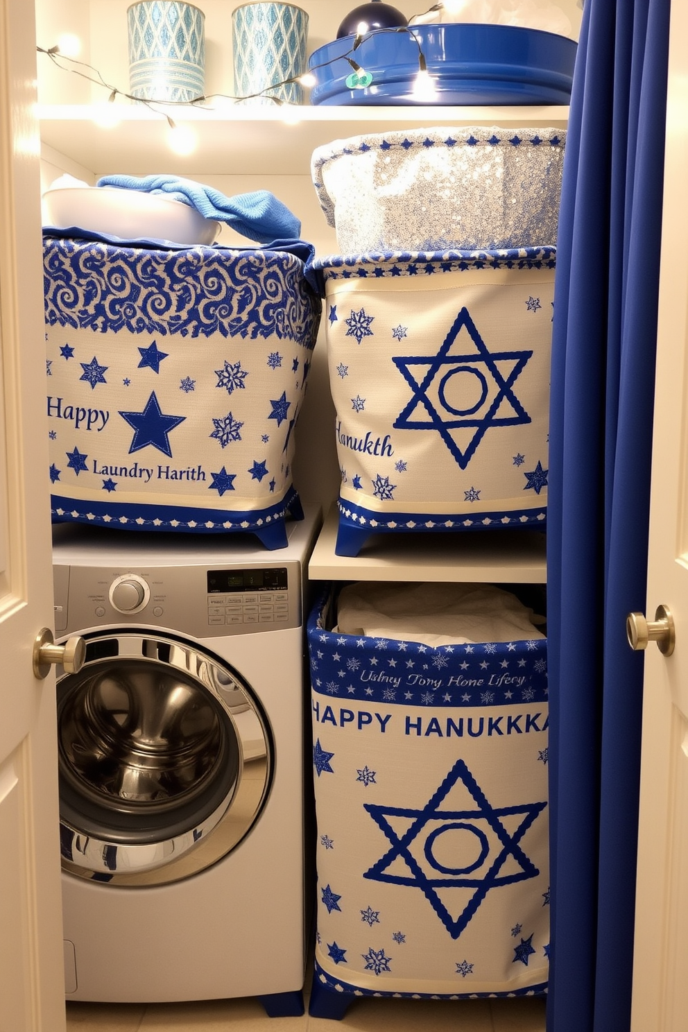 Holiday themed laundry baskets for storage. The baskets are adorned with festive patterns and colors that evoke the spirit of Hanukkah, featuring stars and dreidels. The laundry room is decorated with blue and silver accents, creating a cheerful and inviting atmosphere. String lights hang above the baskets, adding a warm glow to the space.