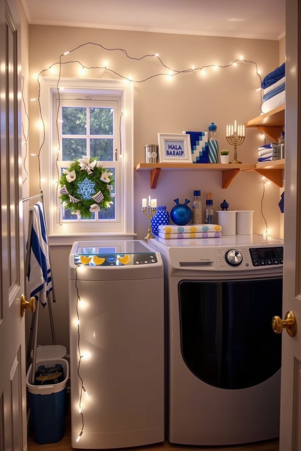 Create a cozy laundry room featuring string lights elegantly draped around the window frame. The space is brightened by the warm glow of the lights, enhancing the cheerful atmosphere of holiday decorations for Hanukkah. Incorporate a functional layout with a washer and dryer side by side, complemented by open shelving for storage. Adorn the shelves with festive Hanukkah decor, including menorahs, dreidels, and blue and silver accents.