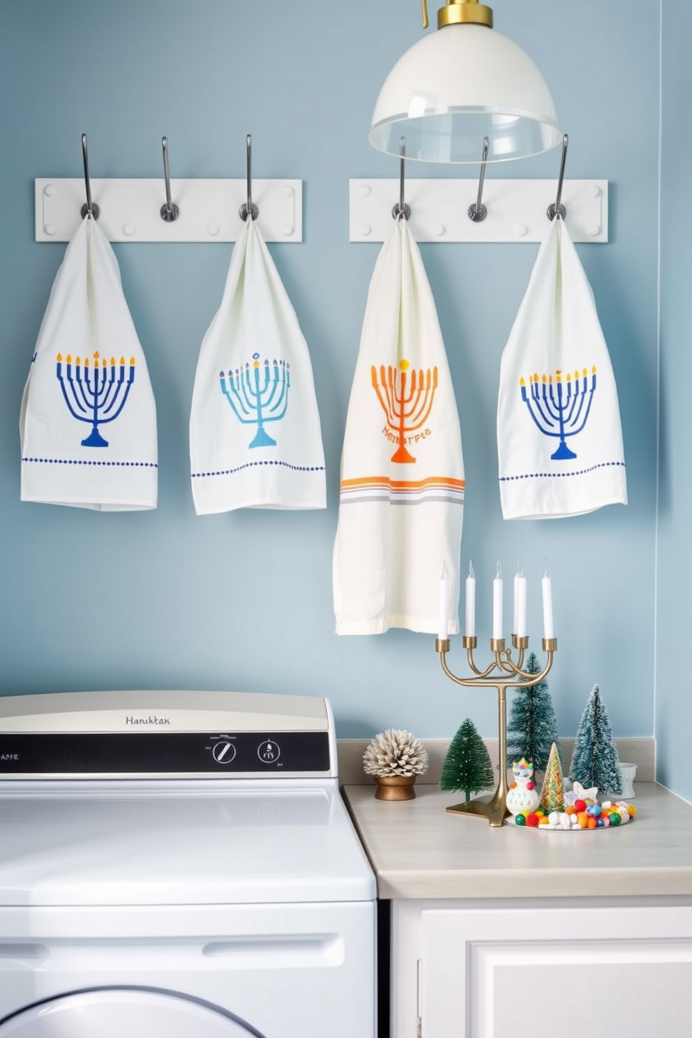 A cozy laundry room adorned with Hanukkah-themed dish towels hanging on hooks. The walls are painted in a soft blue, and a cheerful menorah is displayed on the countertop alongside festive decorations.