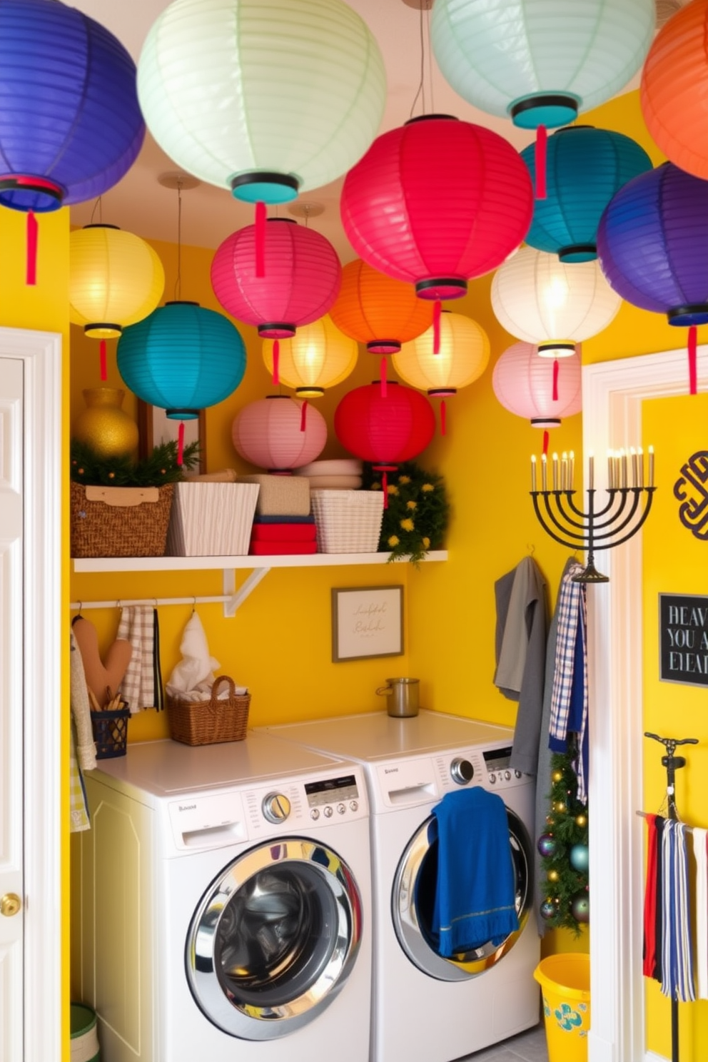 A vibrant laundry room adorned with colorful paper lanterns hanging from the ceiling. The walls are painted a cheerful yellow, and the space is organized with stylish storage solutions and festive Hanukkah decorations.