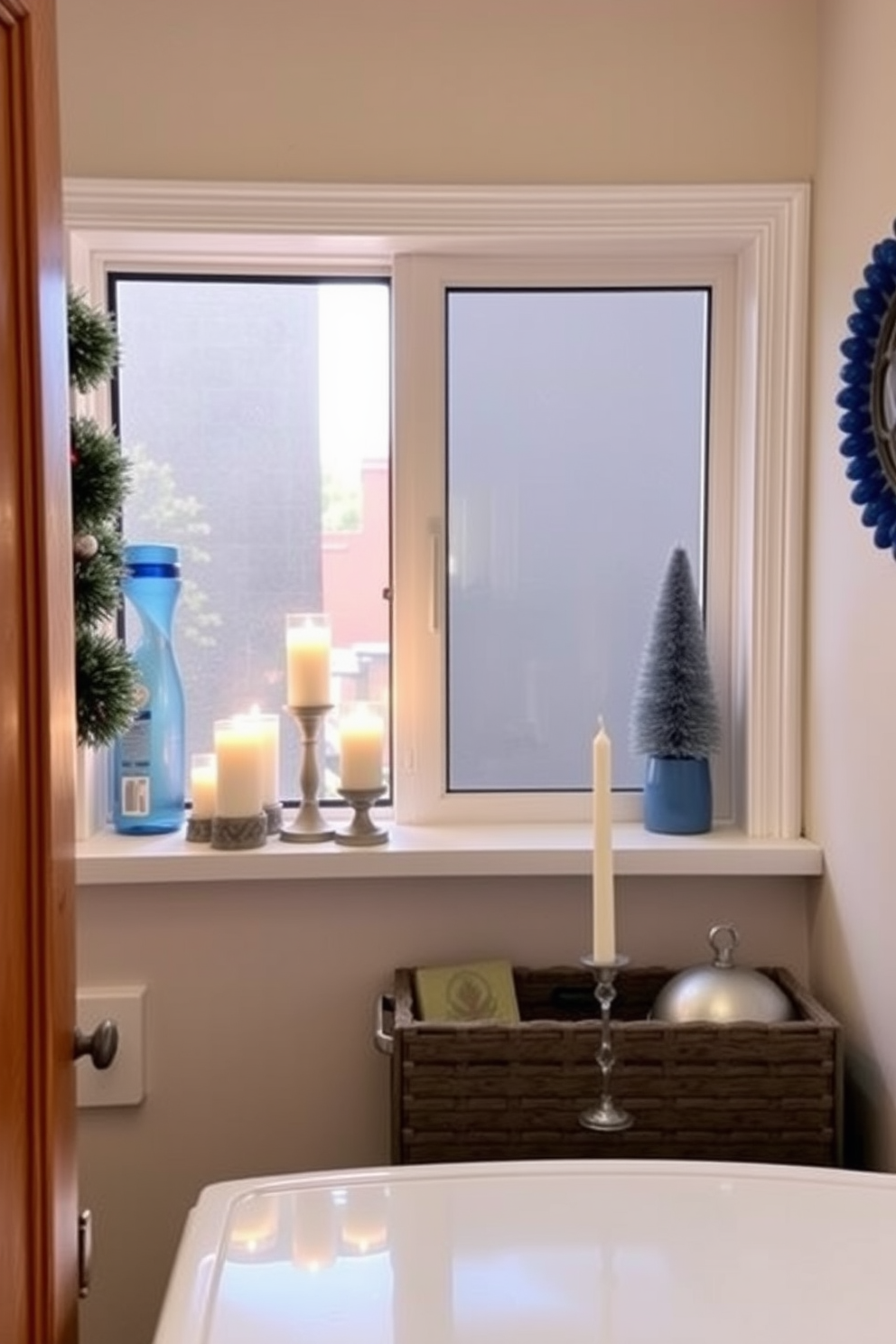 A cozy laundry room setting featuring decorative candles arranged on the windowsill. The soft glow of the candles complements the warm tones of the cabinetry and the organized shelves filled with laundry essentials. For Hanukkah decorating ideas, envision a festive atmosphere with blue and silver accents throughout the space. Incorporate traditional symbols like menorahs and dreidels to enhance the celebratory feel.