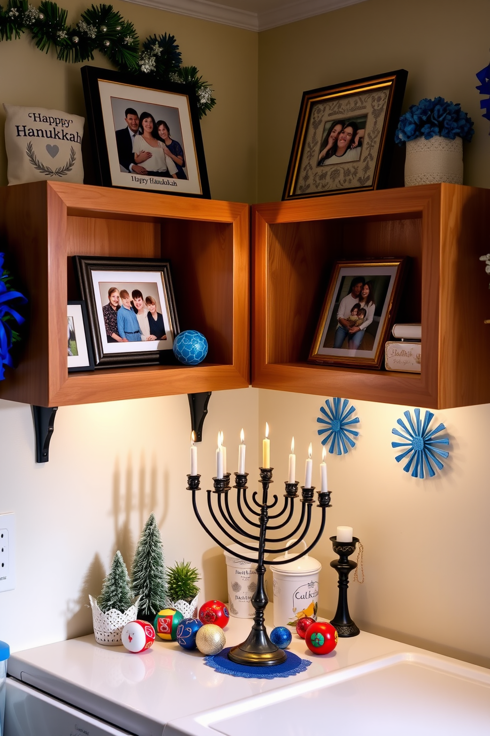 Framed family Hanukkah photos are displayed on open shelves, creating a warm and personal touch in the laundry room. The walls are adorned with festive decorations, featuring blue and white accents that celebrate the holiday spirit. Cozy lighting illuminates the space, highlighting the cheerful Hanukkah-themed decor. A decorative menorah sits on the countertop, surrounded by colorful dreidels and seasonal ornaments.