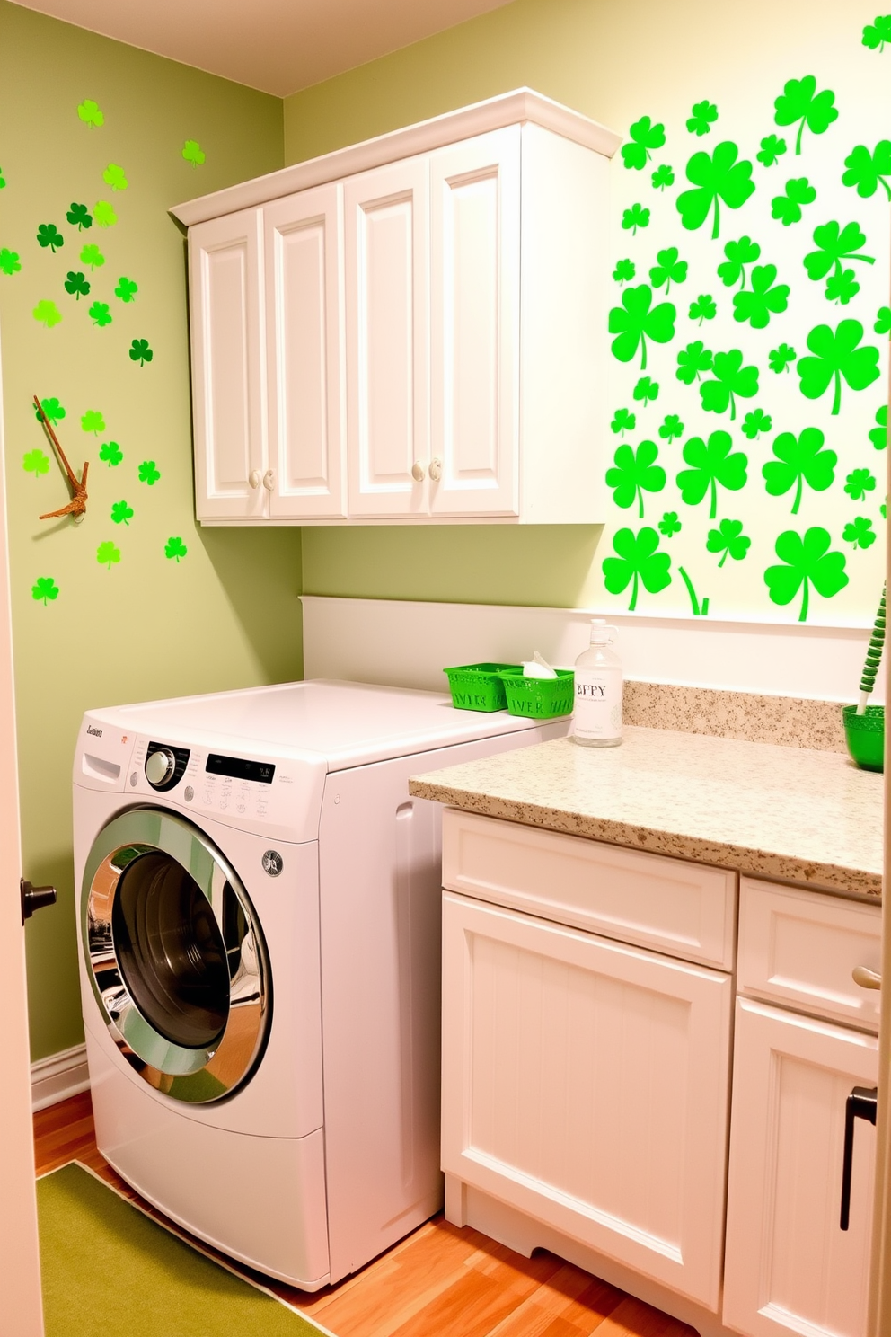 A laundry room featuring an accent wall adorned with vibrant green shamrock wall decals that celebrate St. Patrick's Day. The space is bright and cheerful, with white cabinetry and a stylish countertop that complements the festive decor.