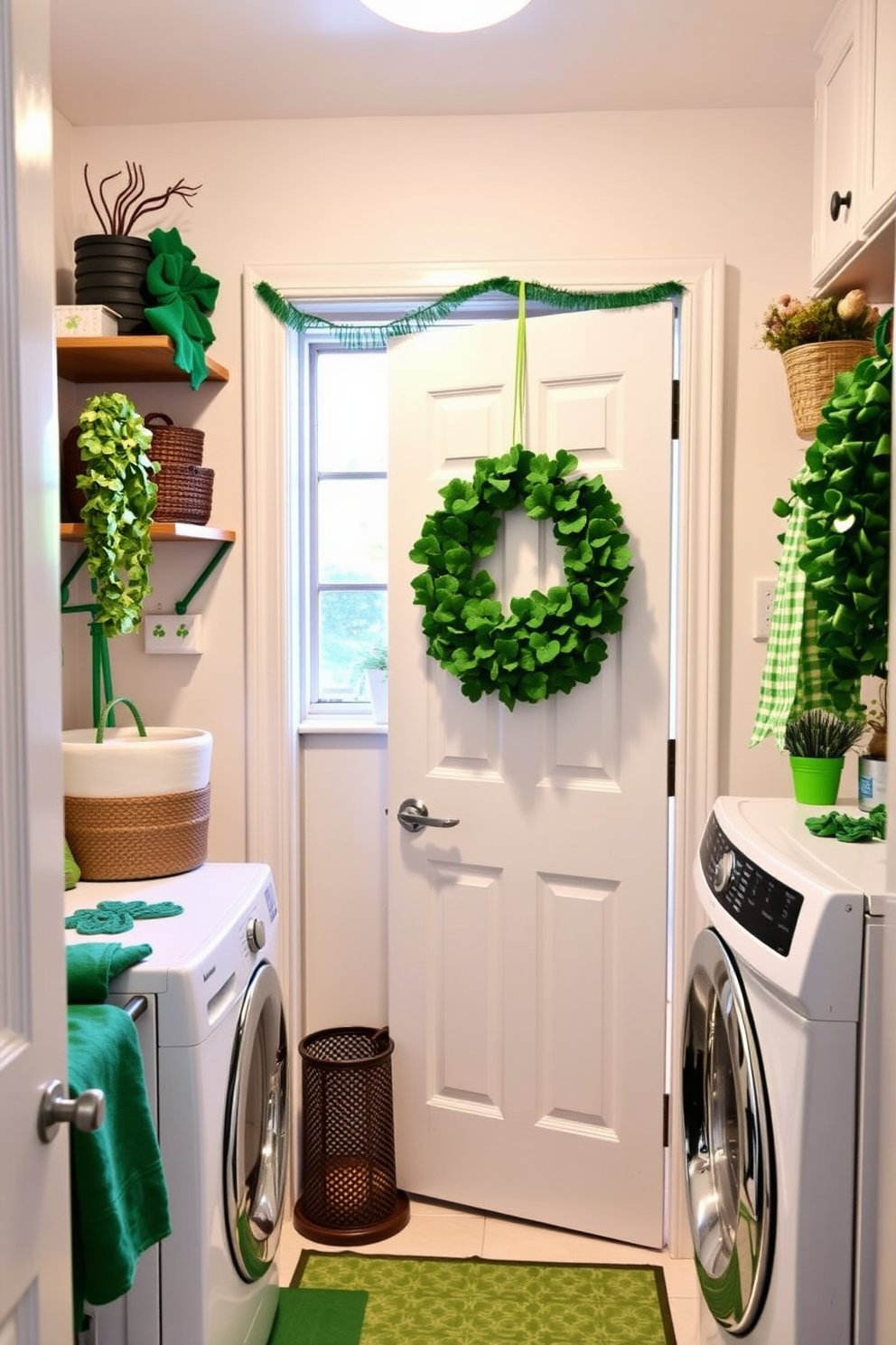 A charming laundry room decorated for St. Patrick's Day features a hanging shamrock wreath on the door. The space is bright and inviting, with green accents and themed decor that celebrate the holiday spirit.