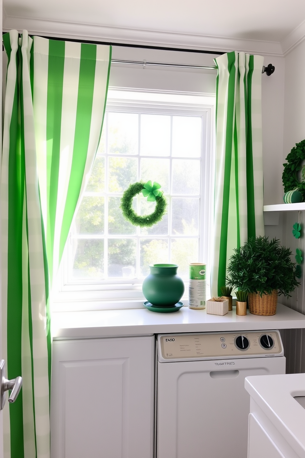 A bright laundry room features green and white striped curtains that frame a large window, allowing natural light to flood the space. The walls are painted in a soft white hue, creating a fresh and clean backdrop for festive St. Patrick's Day decorations.