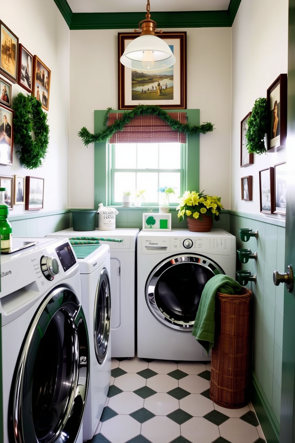 A charming laundry room adorned with vintage Irish postcards framed on the walls. The decor features subtle St. Patrick's Day elements such as green accents and festive garlands, creating a warm and inviting atmosphere.