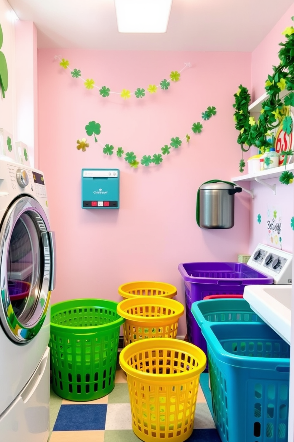 A vibrant laundry room filled with rainbow colored laundry baskets creating a cheerful atmosphere. The walls are adorned with playful St. Patrick's Day decorations including shamrocks and green garlands.