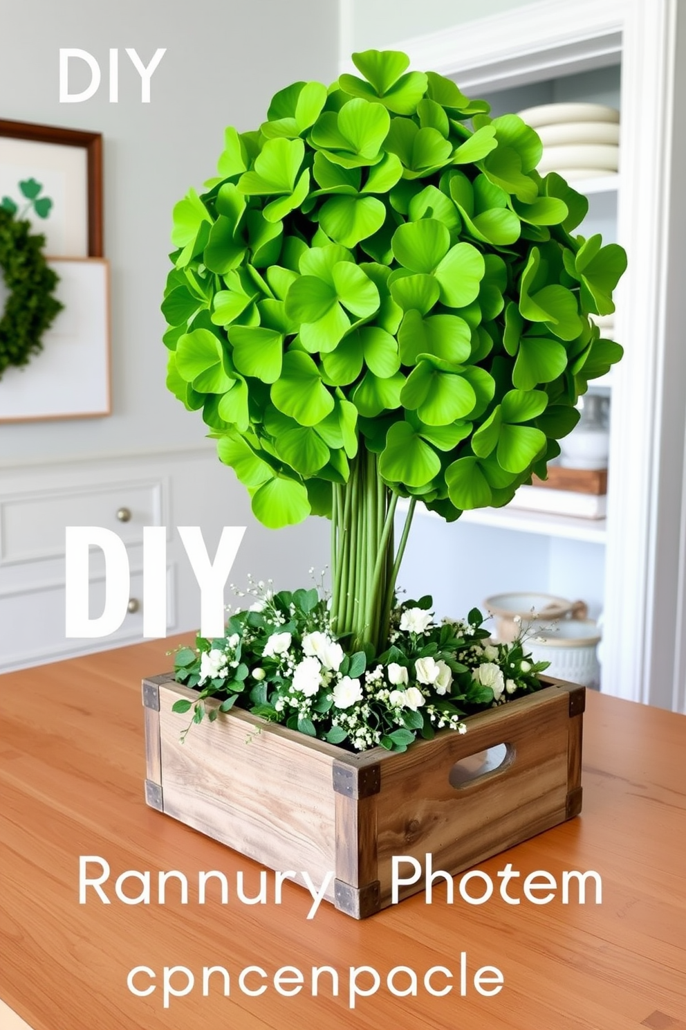 A charming DIY centerpiece for a laundry room featuring a large shamrock arrangement. The centerpiece includes vibrant green shamrocks in a rustic wooden box, accented with white flowers and small decorative elements for a festive St. Patrick's Day touch.