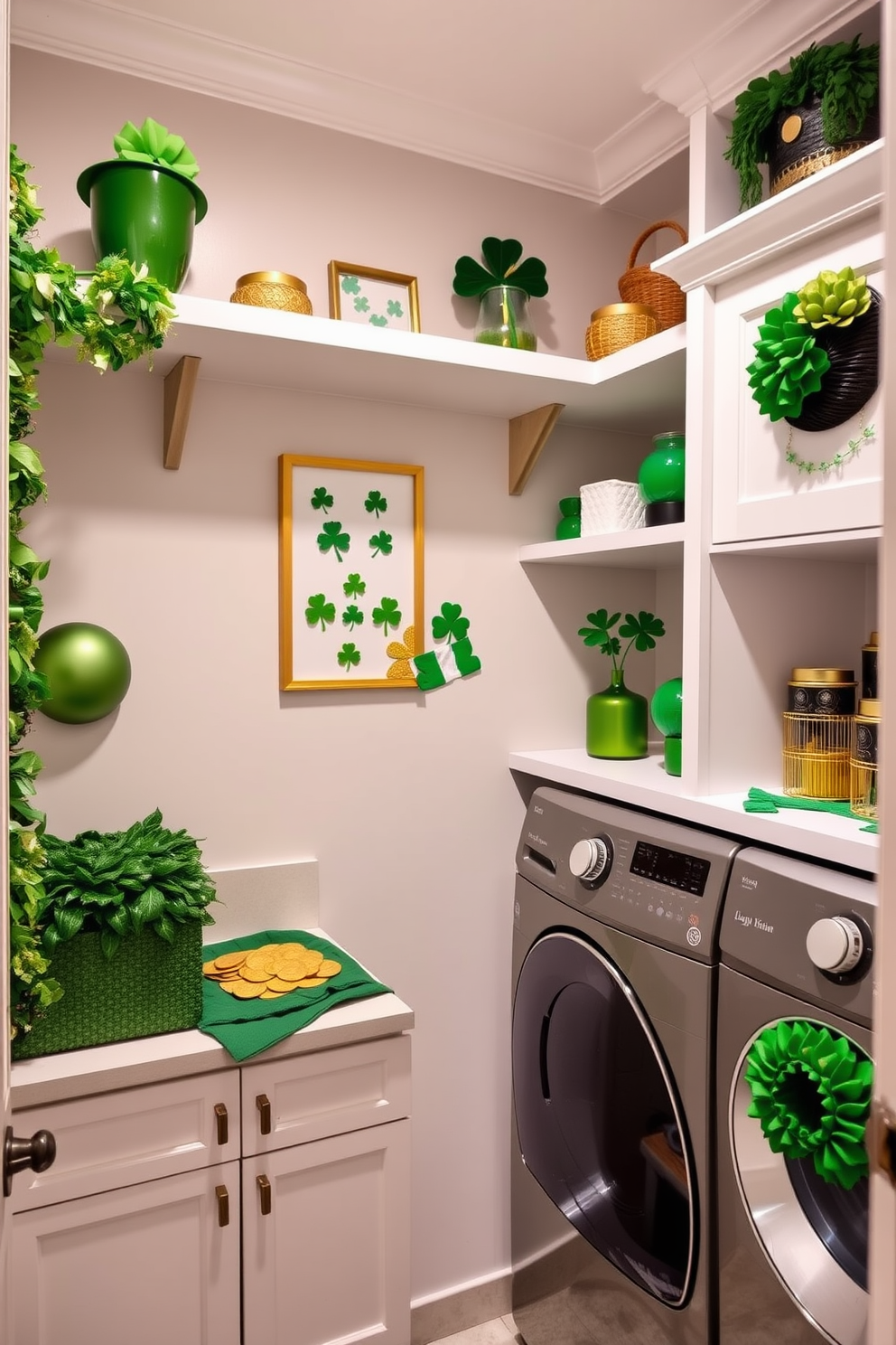 A charming laundry room adorned with St. Patrick's Day decorations. Shelves are lined with vibrant green and gold accents, featuring a decorative pot of gold filled with faux coins and shamrocks.