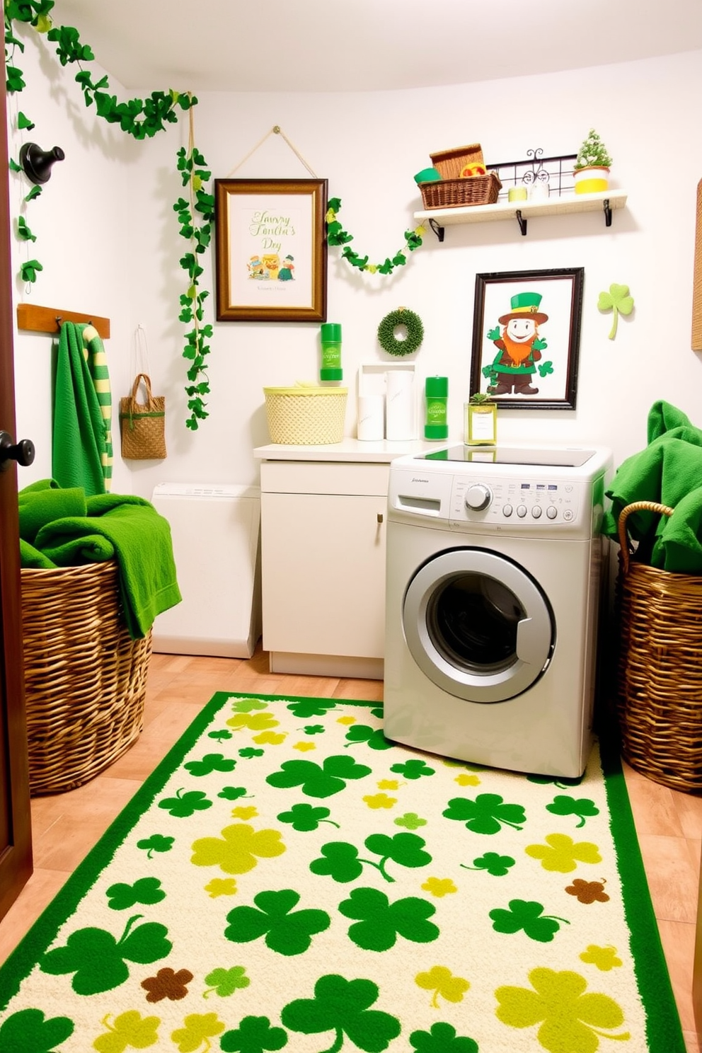 A cozy laundry room featuring a St. Patrick's Day themed rug adorned with shamrocks and festive patterns. The walls are painted a soft white, and a cheerful green accent wall adds a pop of color, creating a warm and inviting atmosphere. Decorative elements include green and gold accents, such as a hanging garland of shamrocks and a framed print of a leprechaun. A wicker basket filled with green towels sits next to the washing machine, completing the festive look.