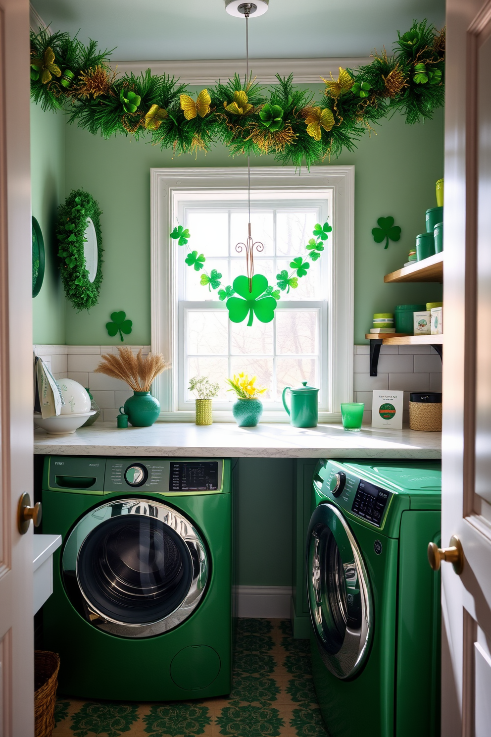 A vibrant laundry room featuring green appliances that add a festive touch for St. Patrick's Day. The walls are adorned with shamrock-themed decor, and a cheerful garland of green and gold hangs above the window.