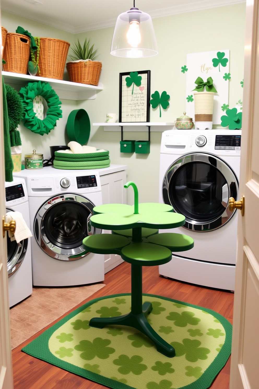 A charming laundry room featuring a lucky clover table designed for folding clothes. The space is adorned with festive St. Patrick's Day decorations, including green accents and playful shamrock motifs.