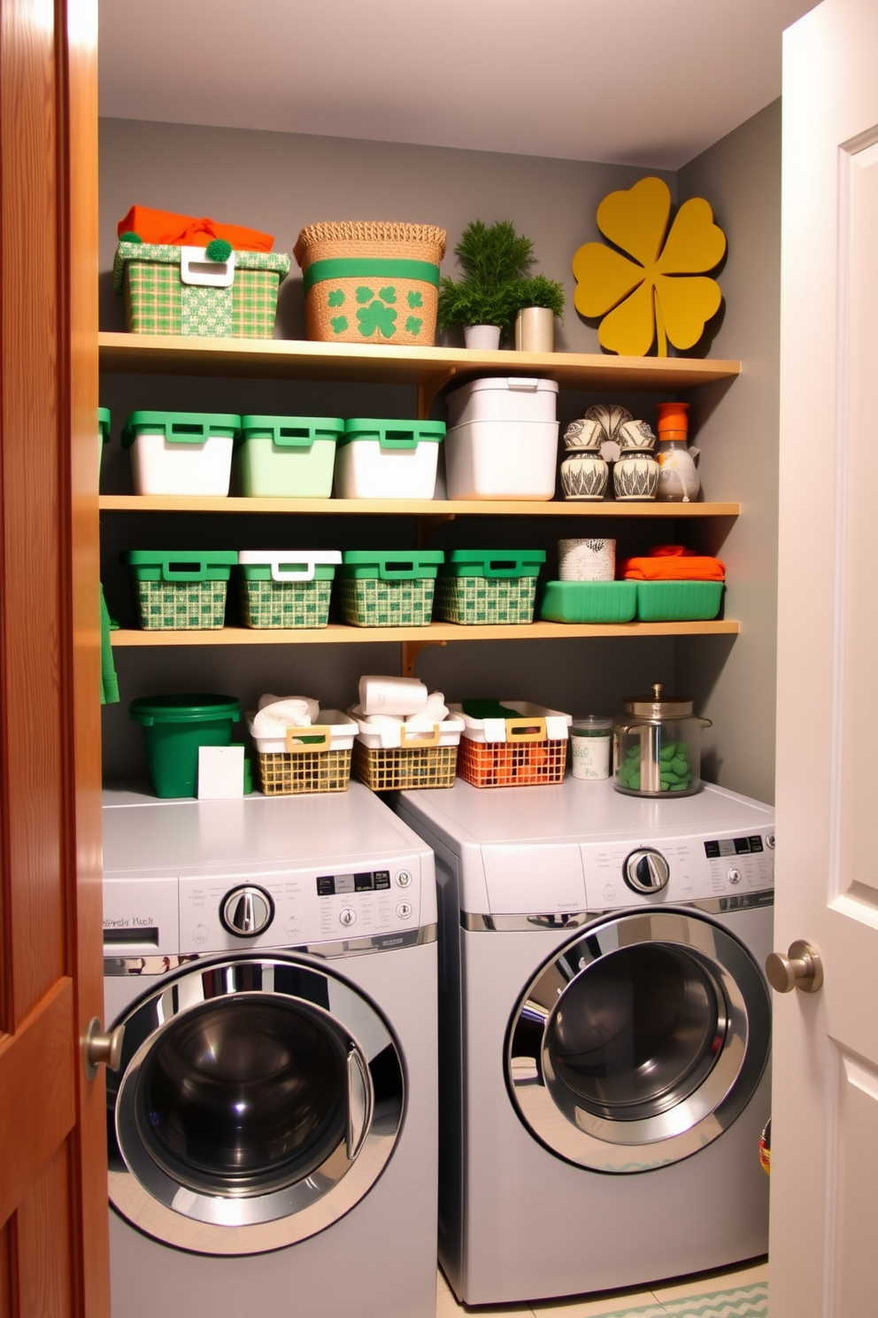 A vibrant laundry room decorated with accessories in the colors of the Irish flag. The shelves are lined with green, white, and orange storage bins, while a cheerful wall art piece featuring shamrocks adds a festive touch.