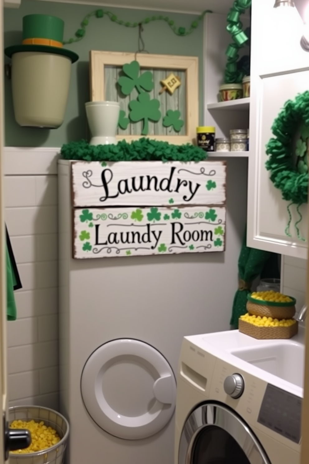 A whimsical laundry room adorned with leprechaun themed decor. The focal point is a charming sign that reads Laundry Room surrounded by playful St. Patrick's Day elements like shamrocks and pots of gold.