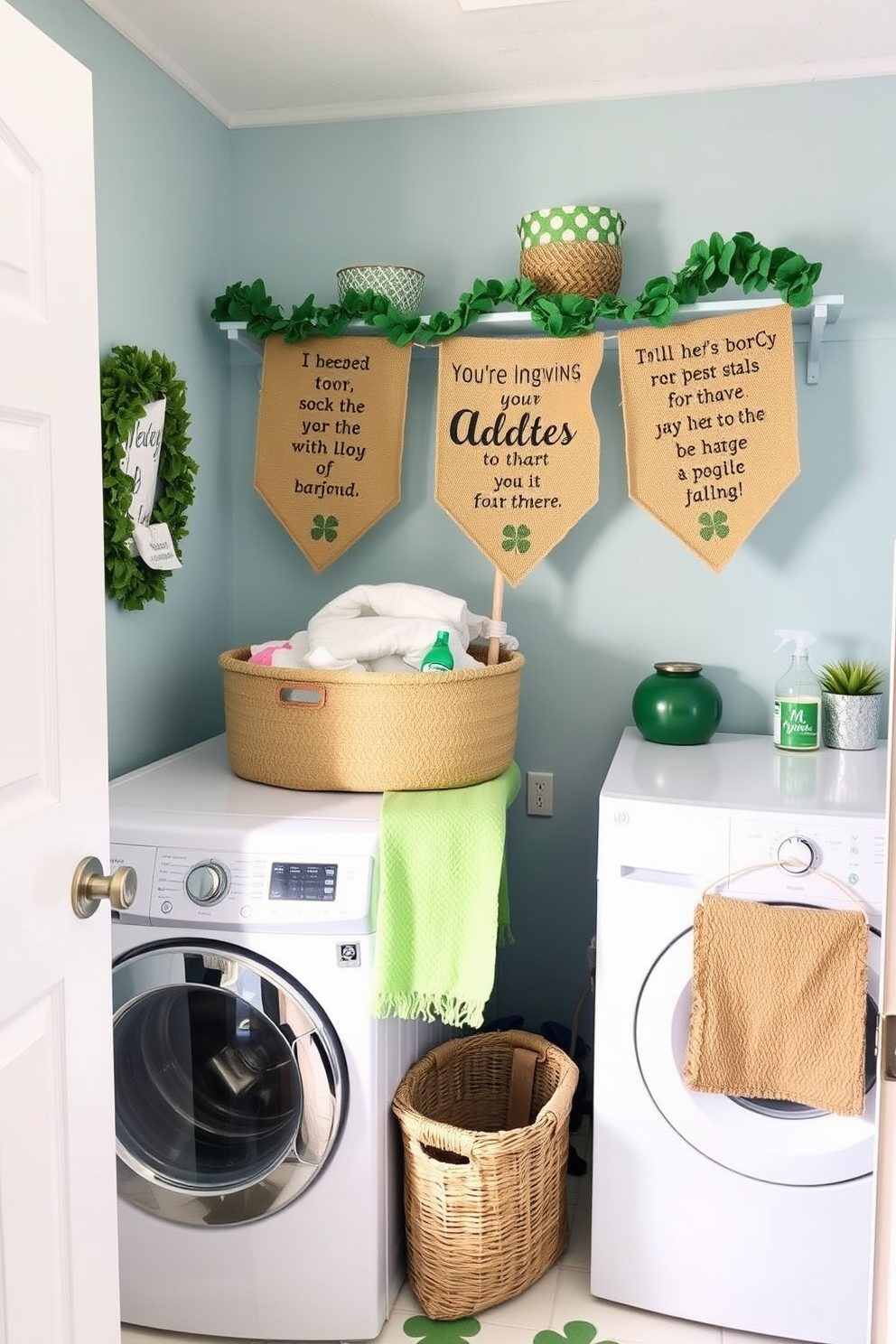 Create a charming laundry room decorated for St. Patrick's Day. Hang burlap banners with festive sayings that add a touch of whimsy to the space.