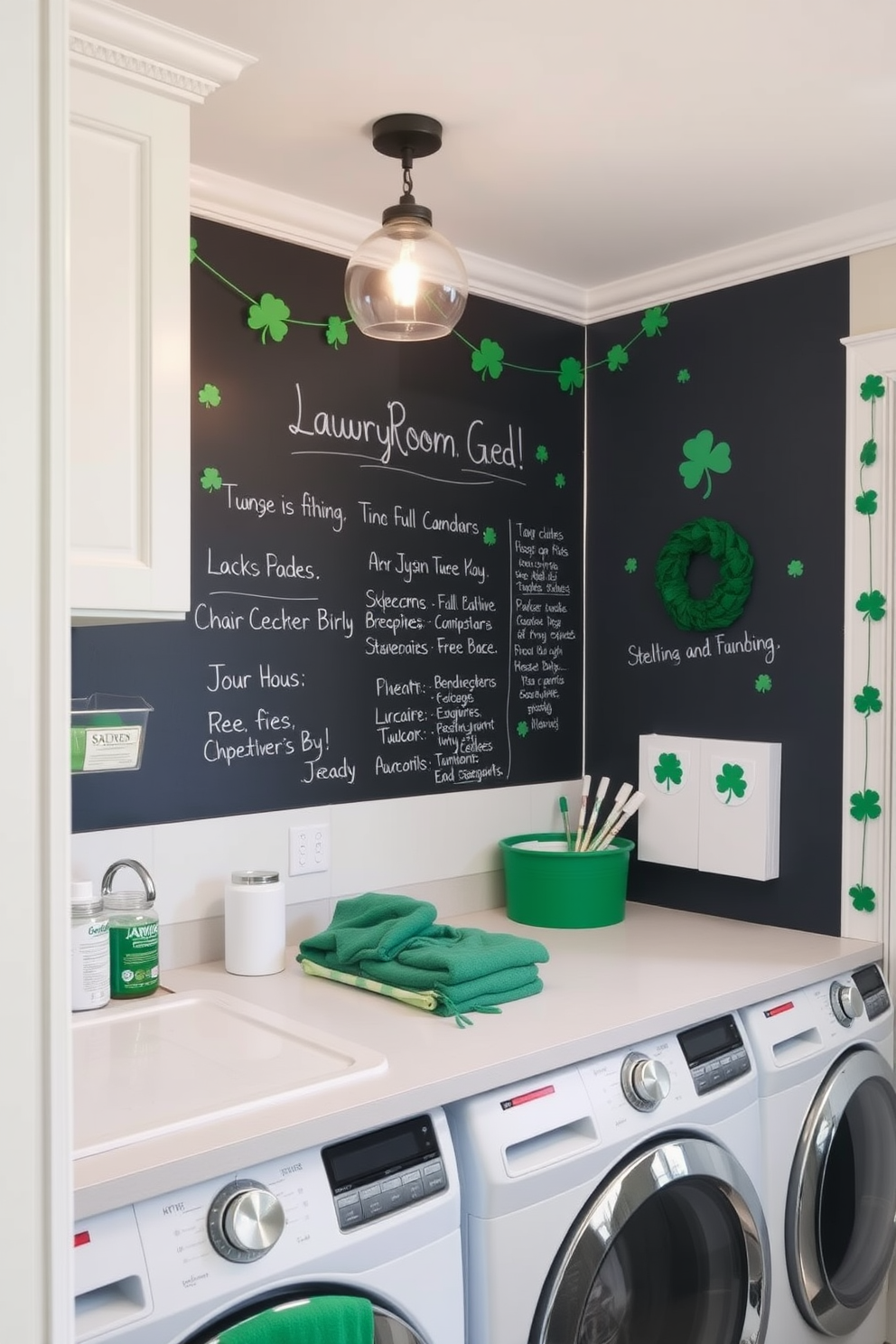 A laundry room with a chalkboard wall dedicated to reminders and notes. The space features a practical layout with a large countertop for folding clothes and ample storage for laundry supplies. St. Patrick's Day decorations add a festive touch to the room. Green accents, shamrock motifs, and playful garlands create an inviting atmosphere while maintaining functionality.